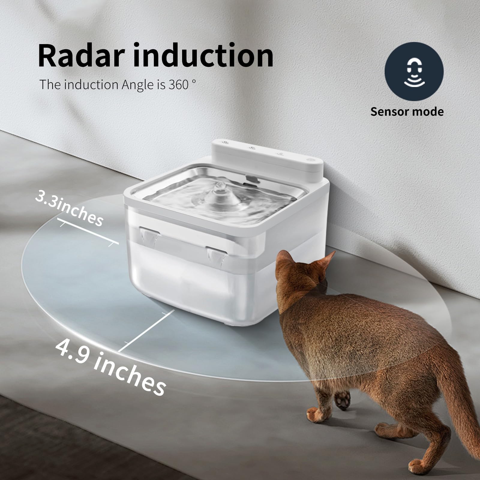 Wireless Rechargeable Cat Water Fountain 3L Auto Pet Fountain Quiet Pump BPA-Free Radar Sensor