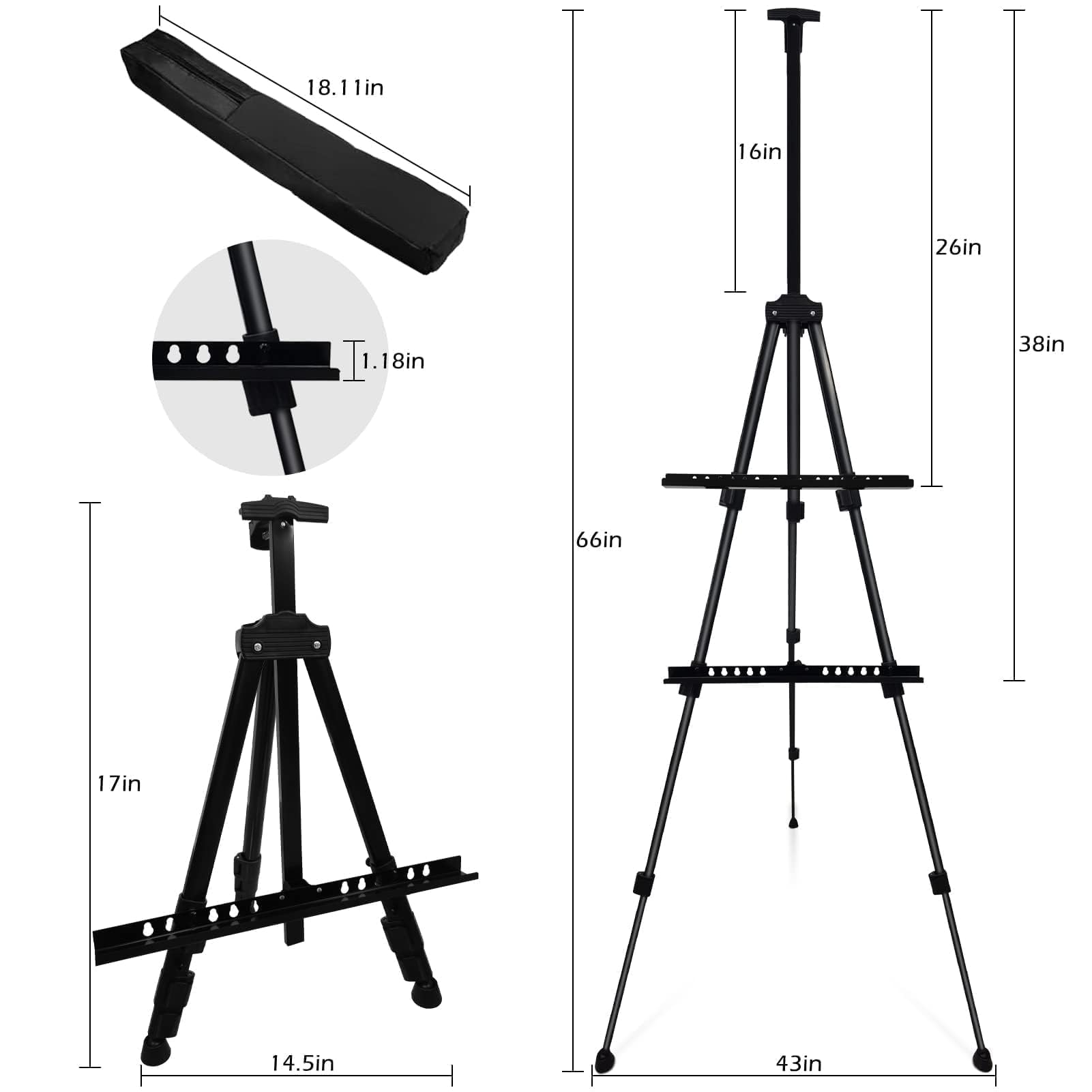 Art Painting Artist Easel Stand,Metal Tripod Adjustable Art Easel for Painting Canvases Height from 40 to 168 cm,Black 1Pack