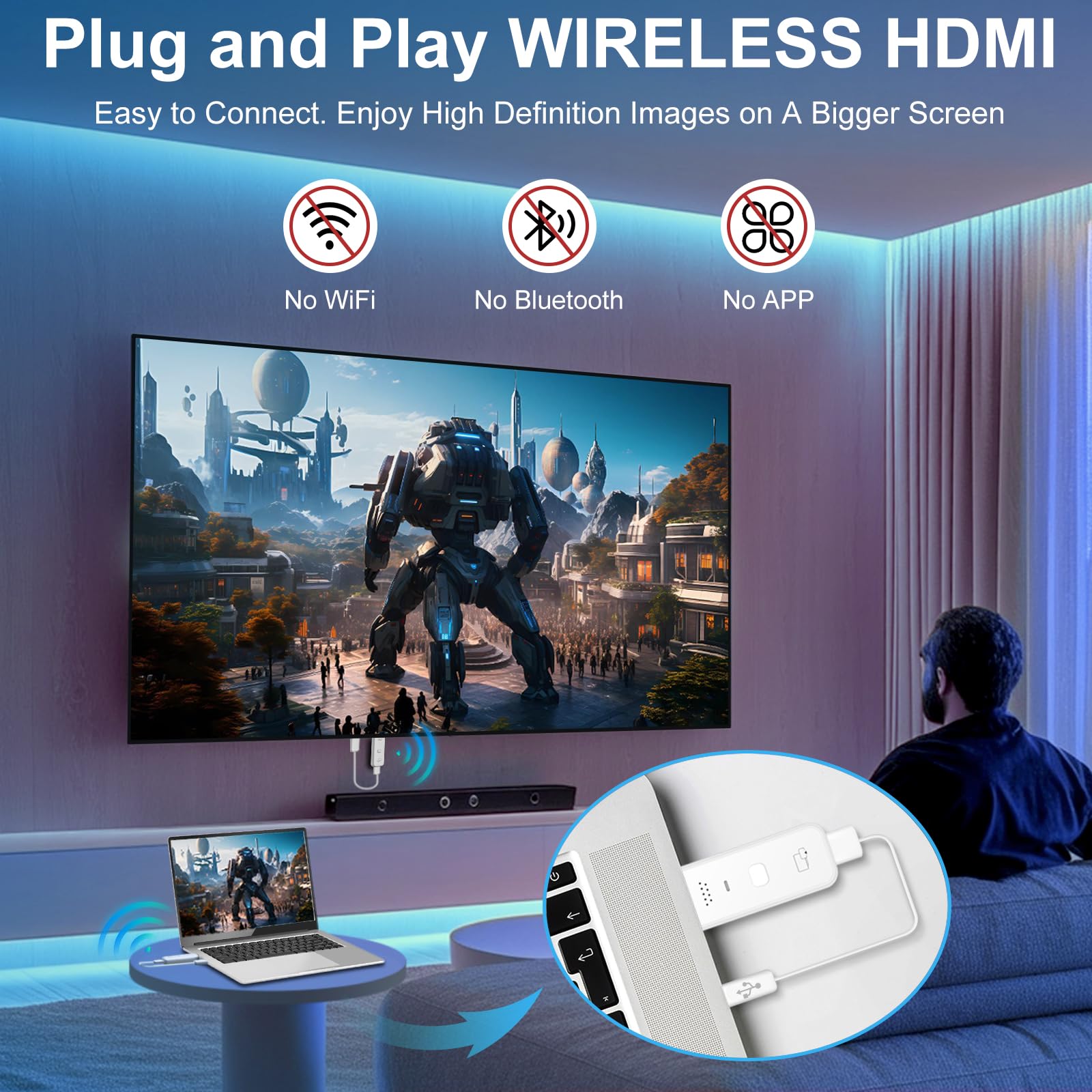 Wireless HDMI Transmitter and Receiver,4K Decode 1080P Output 2.4G 5G Display Adapter Plug Play Portable Streaming Video Audio to Monitor from PC DV HDTV