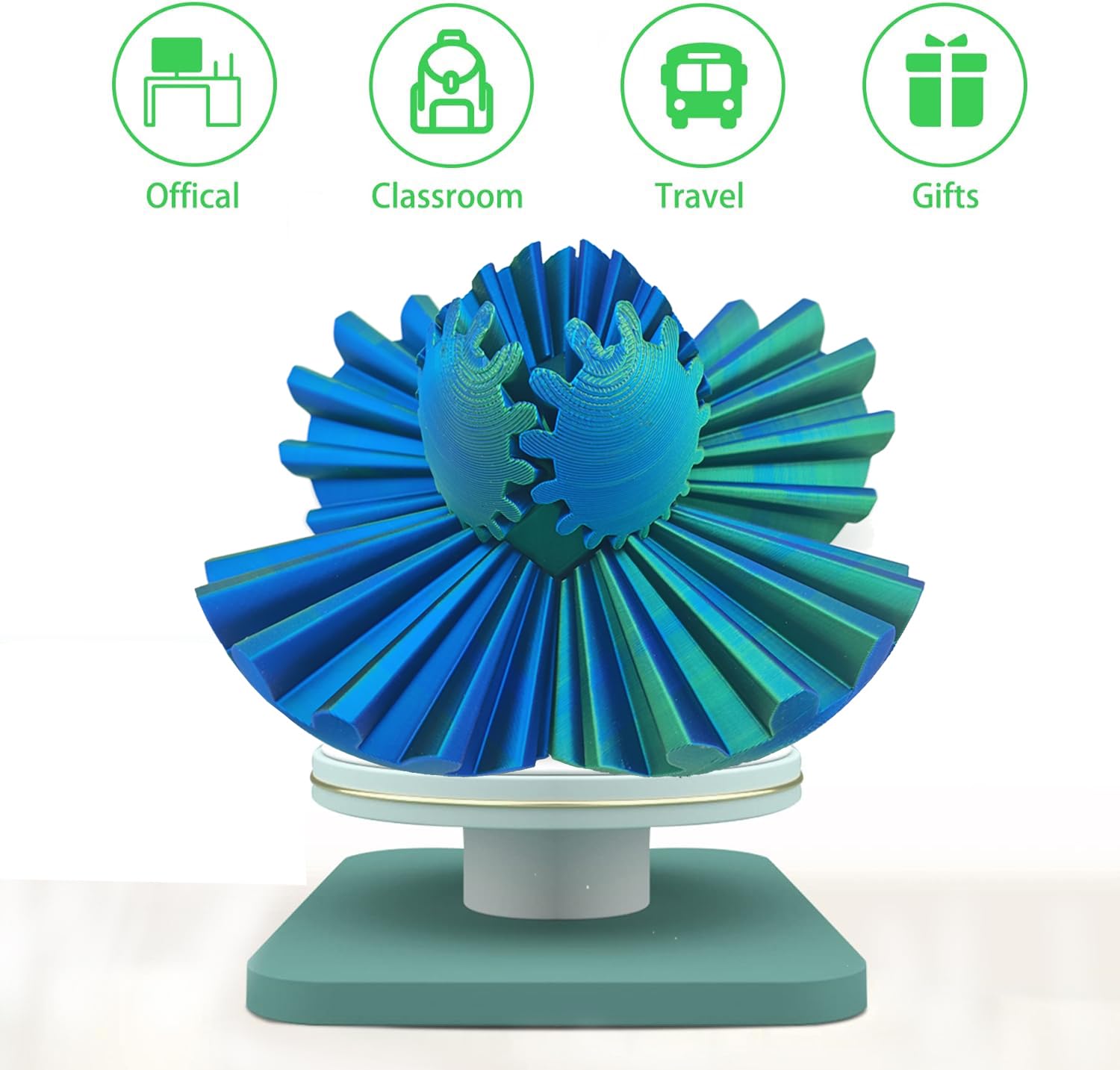 Fidget Toy Gear Ball 3D Printed Spin Stress Relief Desk Anxiety Relaxing Blue Green Fun