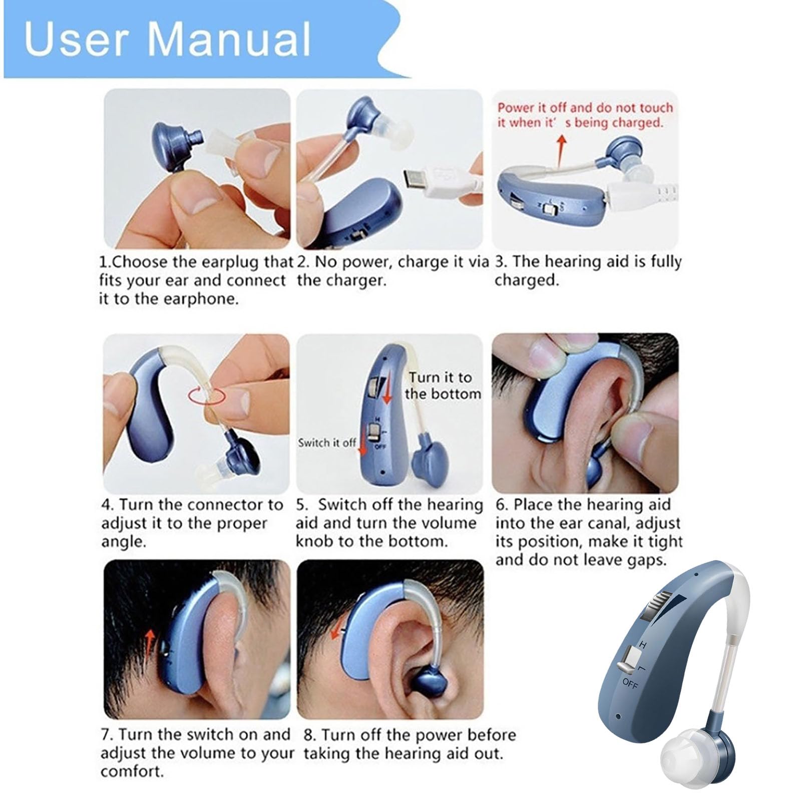Rechargeable Hearing Aids for Seniors,Elderly Noise Cancelling Headphones Wireless Hearing Amplifiers 2 Pcs Blue