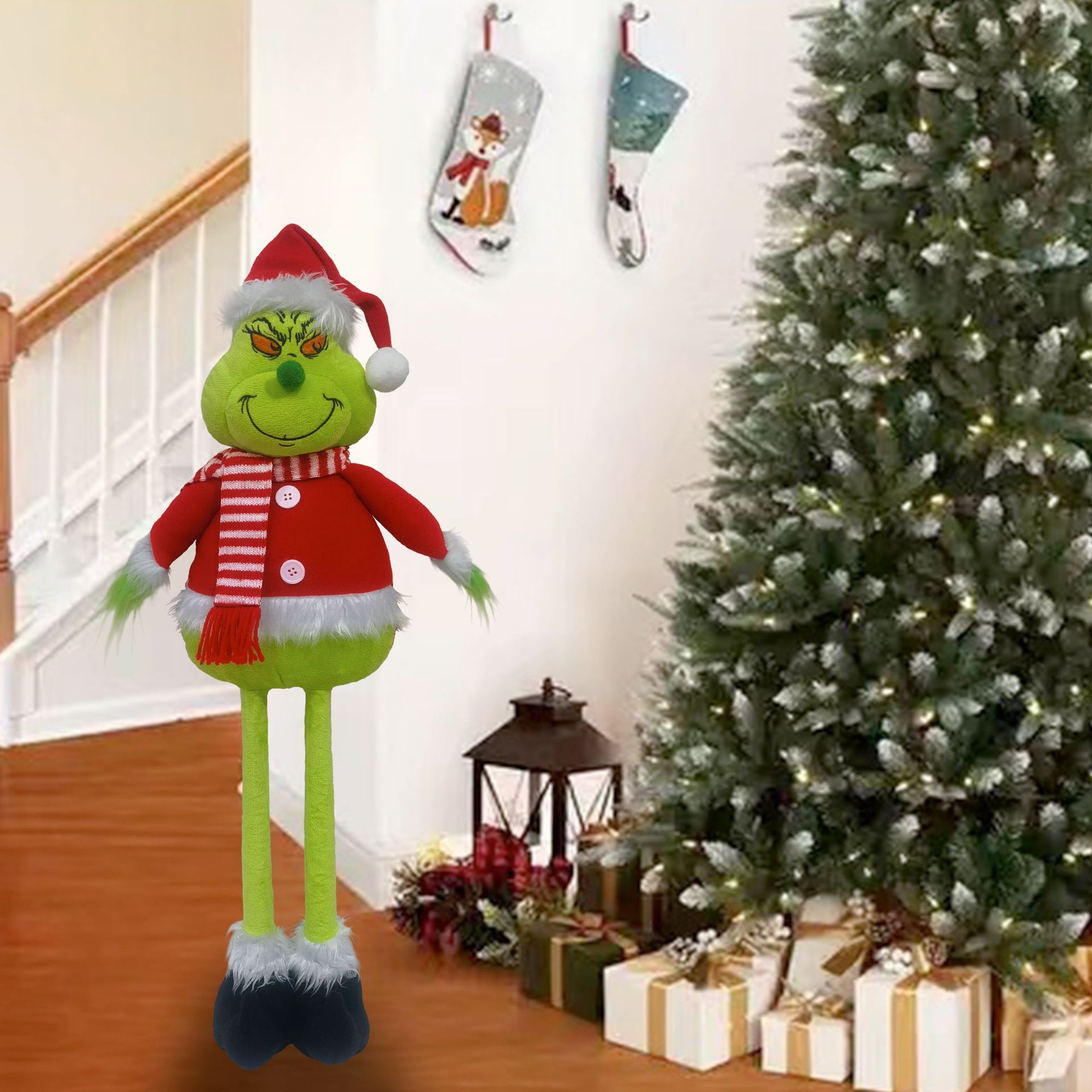 Grinch Standing Christmas Figure Xmas Stuffed Extendable Legs Floor Decor Festive Holiday Ornament Cute Display Home Decoration