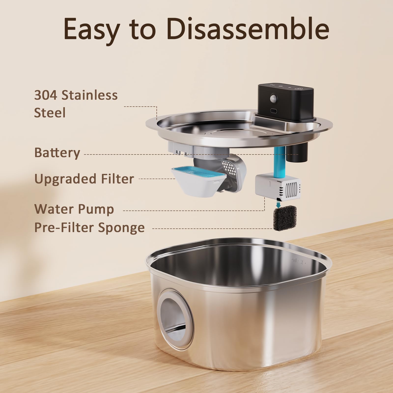 Stainless Steel Wireless Cat Water Fountain 3.2L 3-Modes Pet Drinking Fountain Indoor Cordless Motion Sensor Fountain with Rechargeable Battery Operated