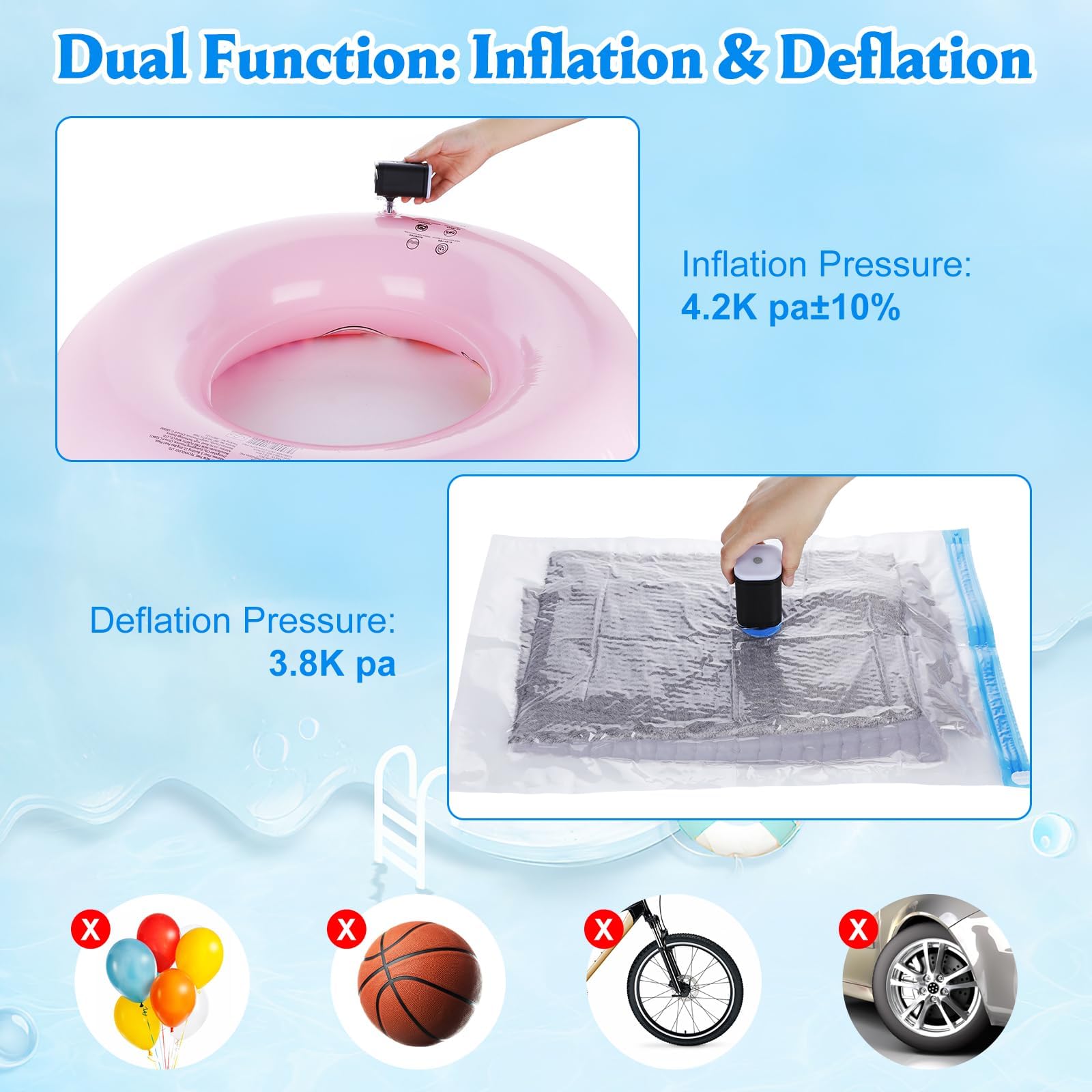 Mini Portable Air Pump For Inflatables,Electric Air Pump for Inflating,Deflating,Pool Toys,Vacuum Storage Bags,Mattress Pump With 5 Air Nozzles