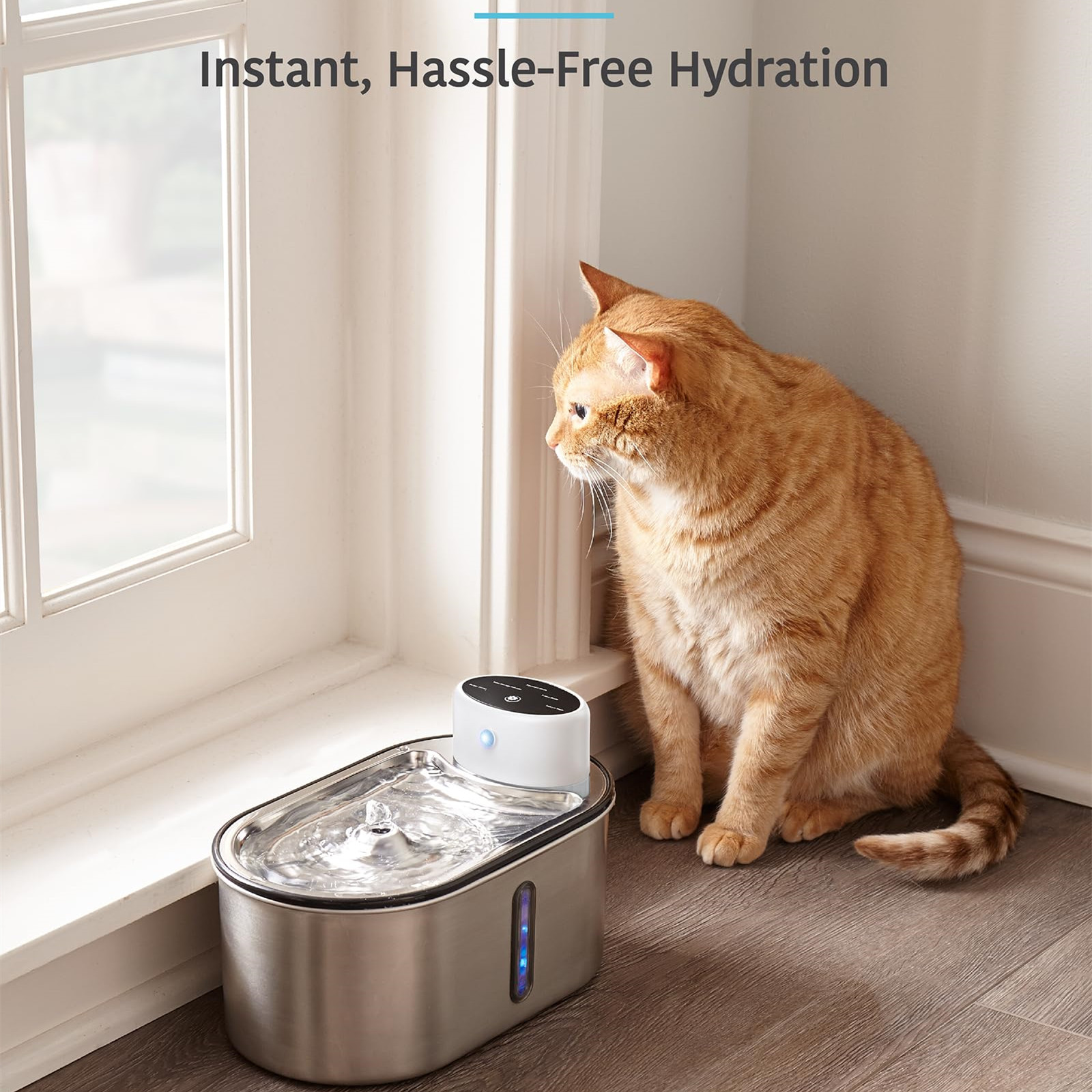 Wireless Cat Water Fountain Stainless Steel Battery Operated 3L Automatic Water Dispenser with 120 Degree Intelligent Sensor for Cats and Dogs