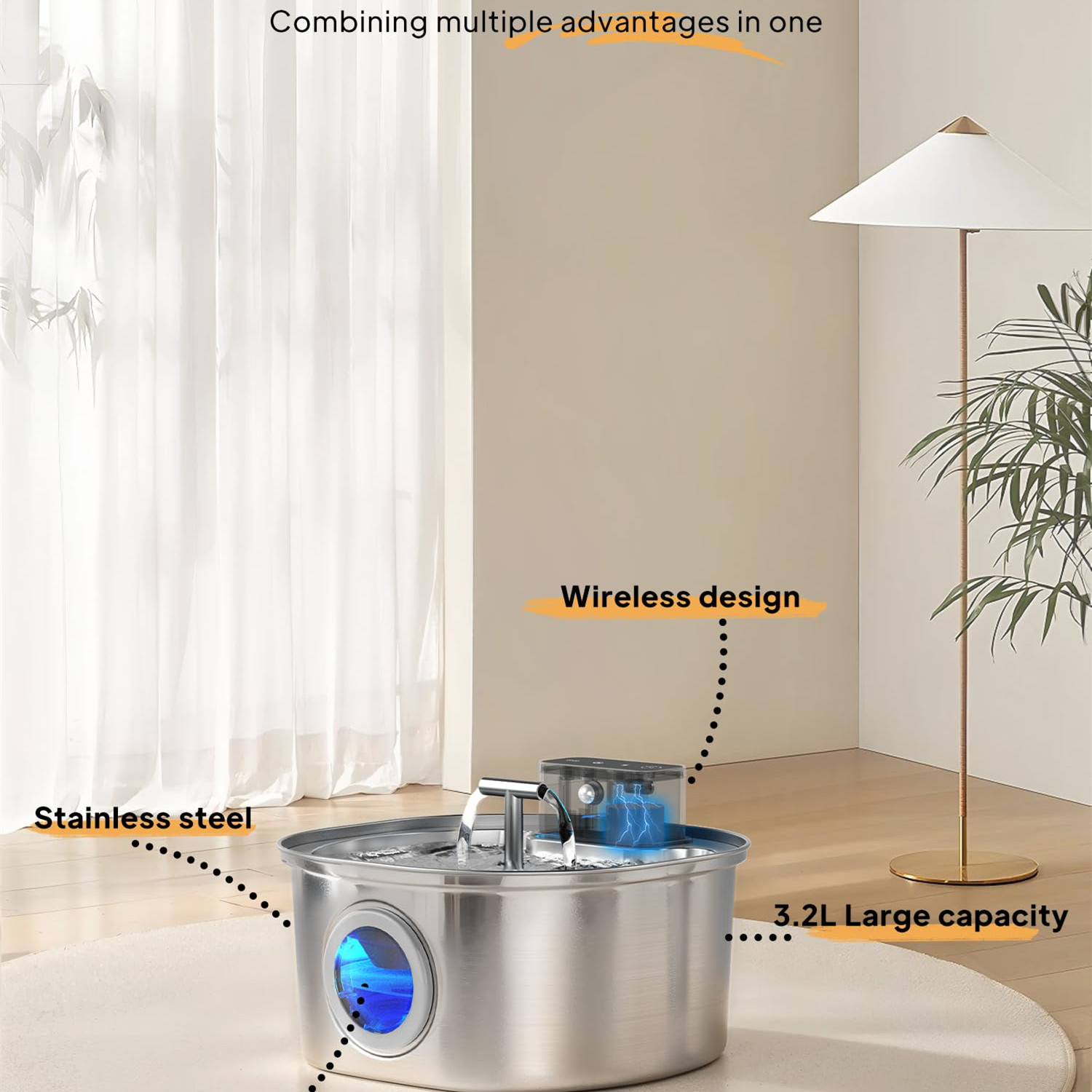 Stainless Steel Pet Wireless  Water Fountain 3.2L 3-Modes Pet Drinking Dispenser Sensoring Fountain with Dual Water Outlet