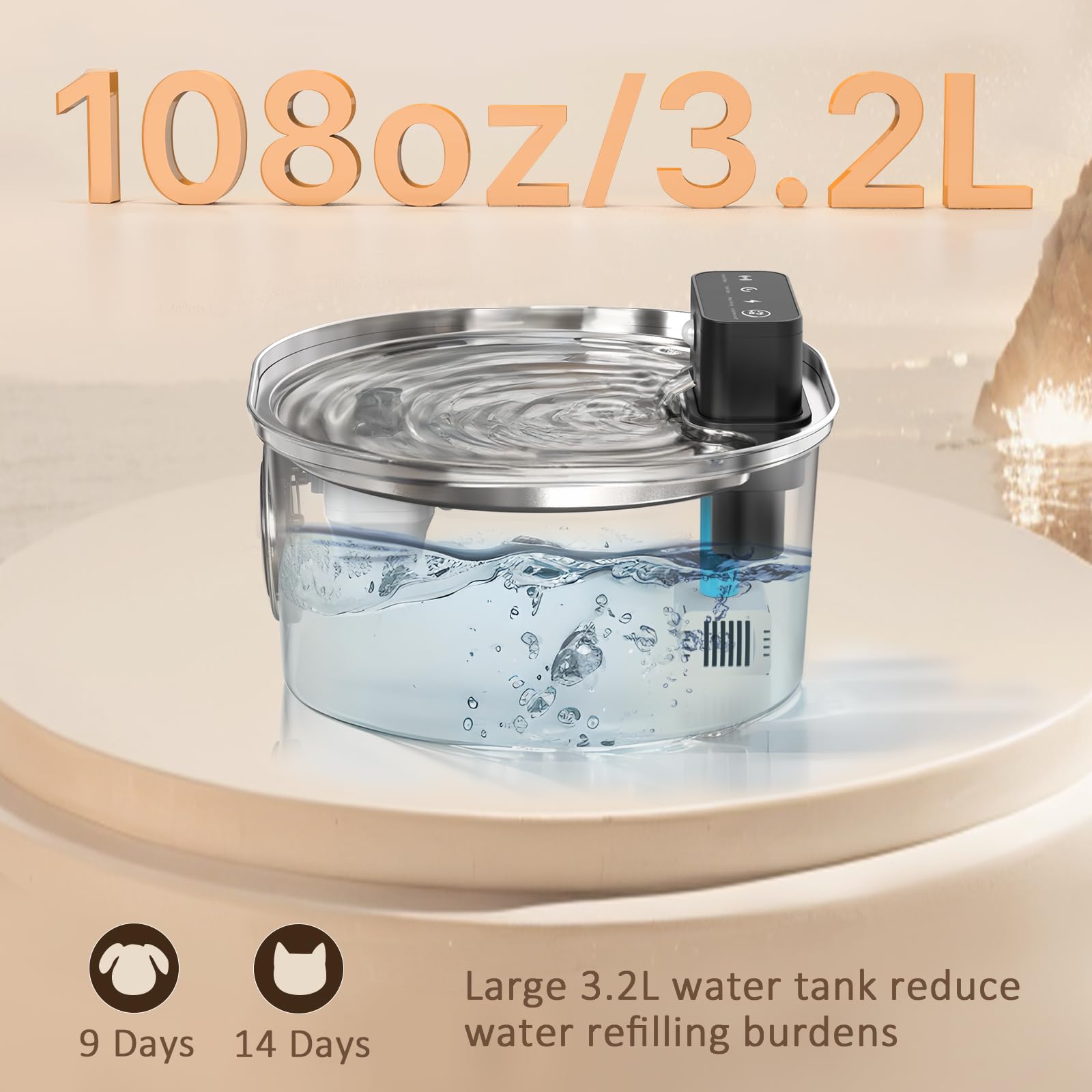 Stainless Steel Wireless Cat Water Fountain 3.2L 3-Modes Pet Drinking Fountain Indoor Cordless Motion Sensor Fountain with Rechargeable Battery Operated