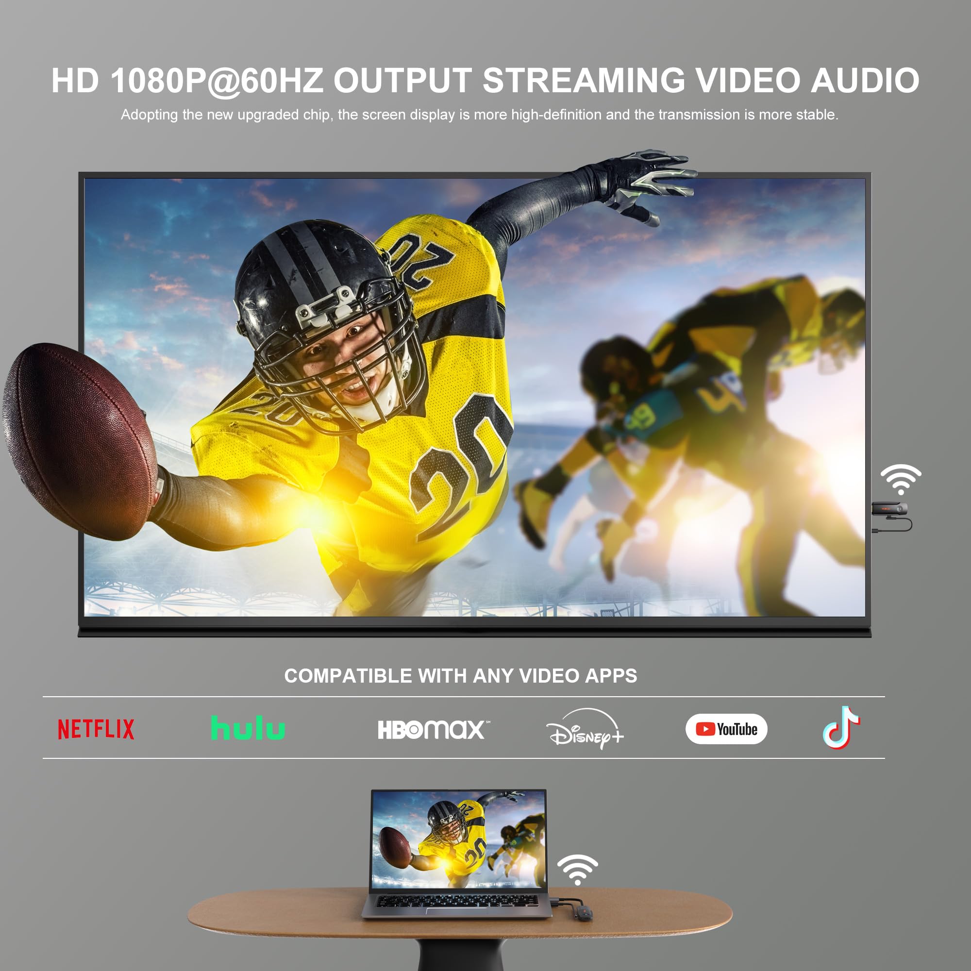 Wireless HDMI Transmitter and Receiver Plug Play with 5G,HD Extender Kit Support USB C Streaming Video Audio to Monitor from Laptop Camera STB,Black
