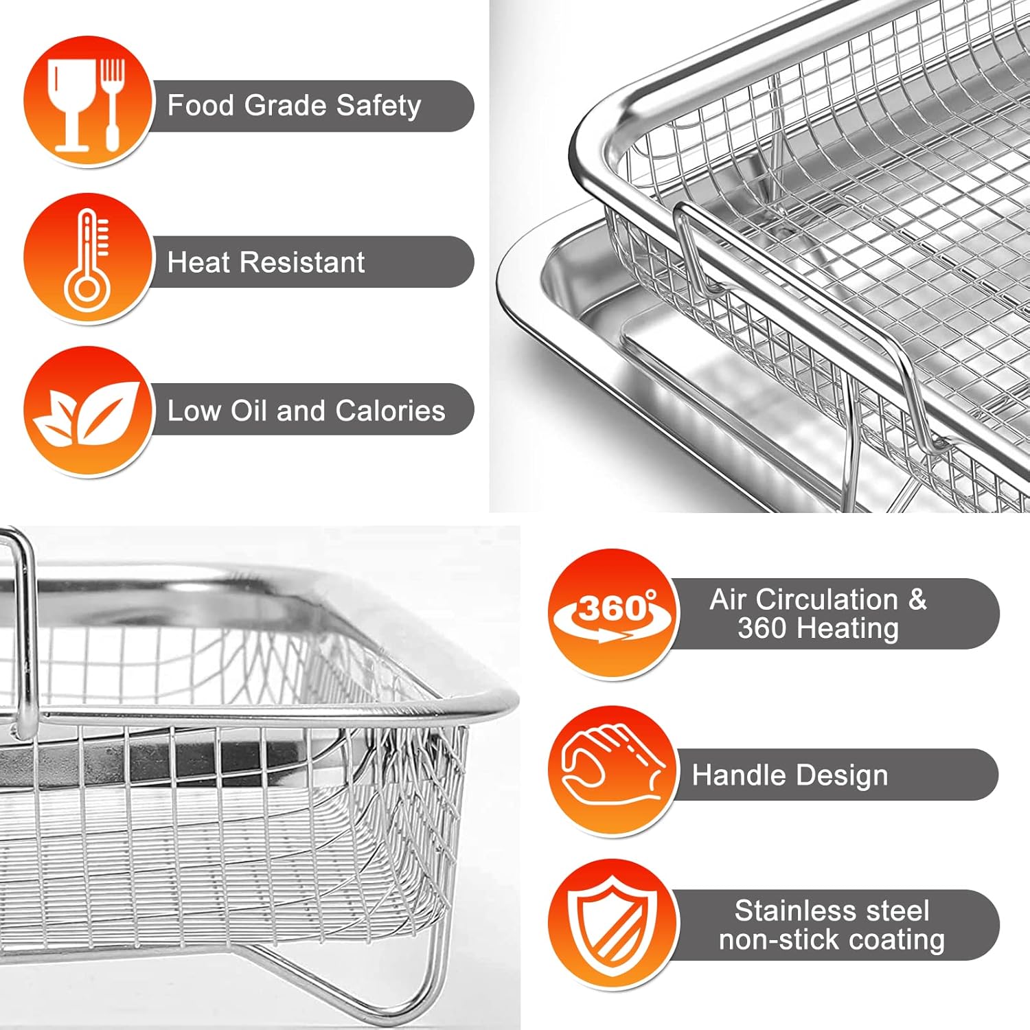 Air Fryer Basket for Oven, 30 x 22 cm Non-stick Steel Mesh Grill Basket Air Fryer Baking Tray Accessories Rack Roasting Basket