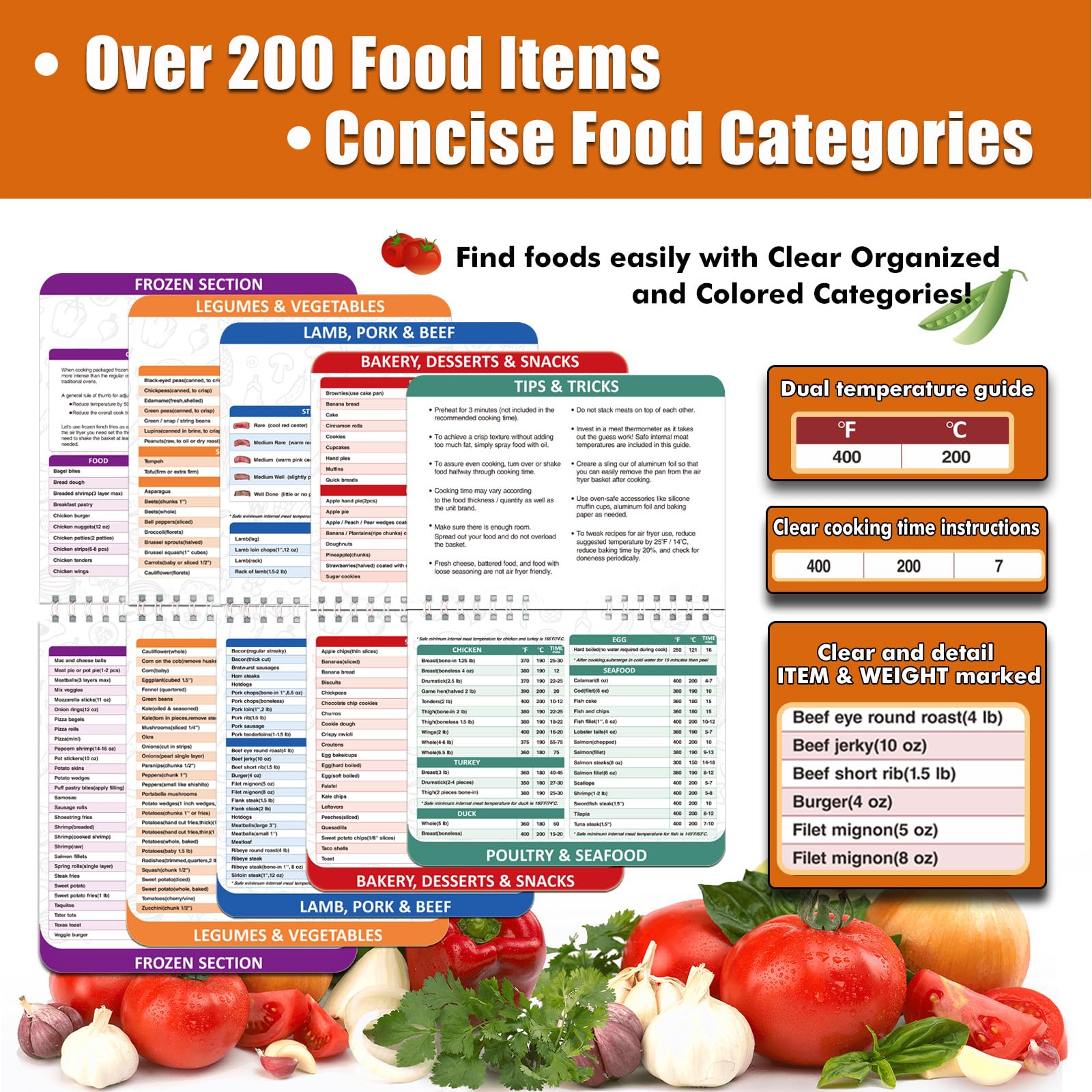 Over 200 Foods Air Fryer Cheat Sheet Magnets Cooking Guide Booklet,Air Fryer Cooking Guide,Air Fryer Magnetic Cheat Sheet Set,Air Fryer Accessories