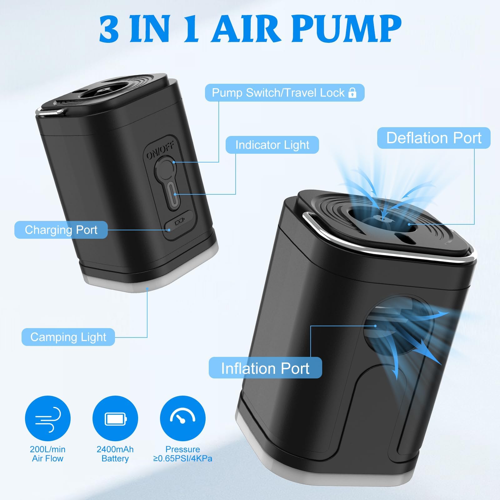 Mini Portable Air Pump For Inflatables,Electric Air Pump for Inflating,Deflating,Pool Toys,Vacuum Storage Bags,Mattress Pump With 5 Air Nozzles