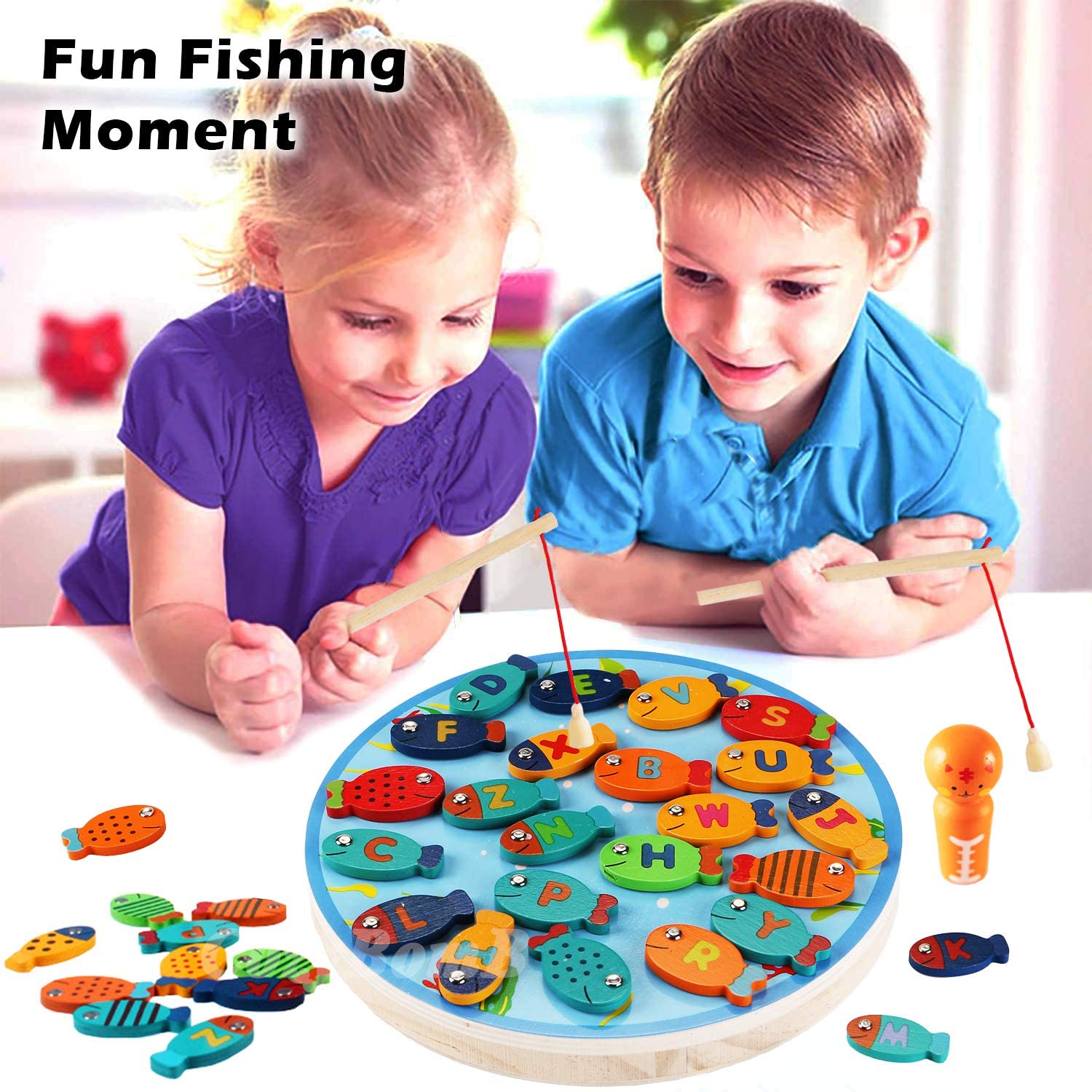 Magnetic Wooden Fishing Game Toy for Toddlers - Alphabet Fish Catching Counting Preschool Board Games Toys for 3 4 5 Year Old Girl Boy Kids Birthday Learning Education Math with Magnet Poles