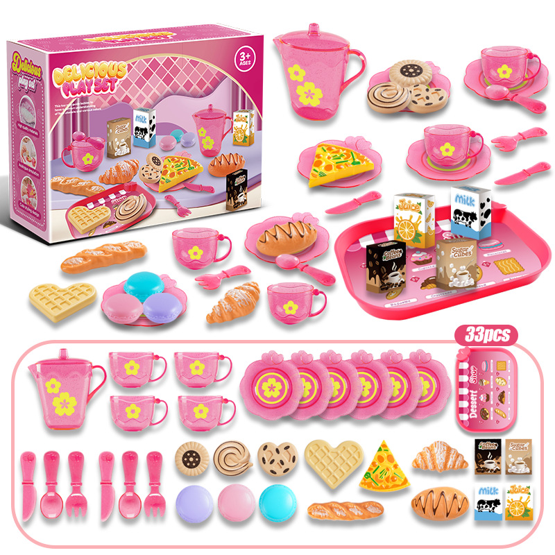 Pink 33 PCS Play House Kitchen Tableware Tea Set Toy Storage Box Afternoon Tea Dessert