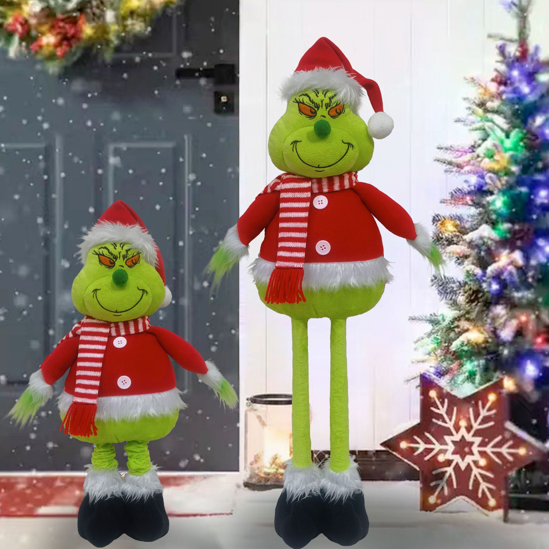 Grinch Standing Christmas Figure Xmas Stuffed Extendable Legs Floor Decor Festive Holiday Ornament Cute Display Home Decoration