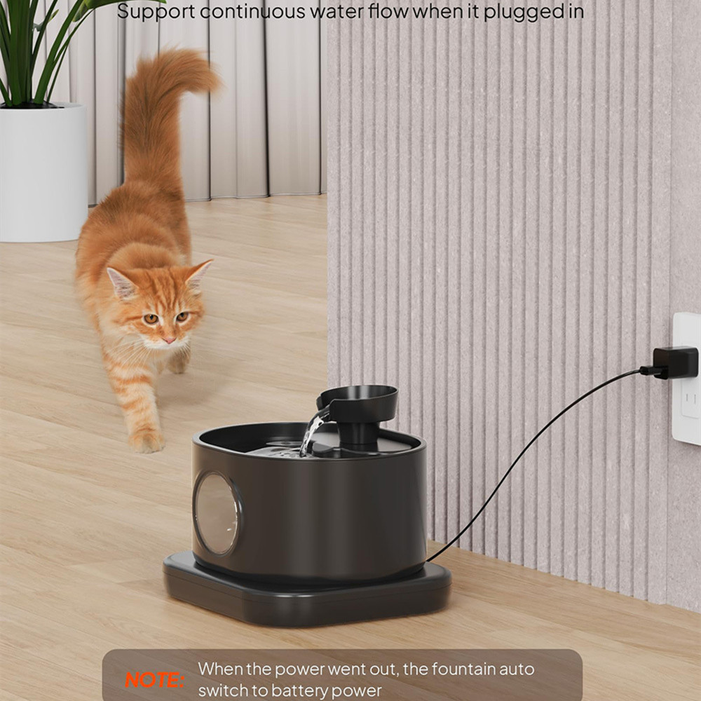 Wireless Automatic Cat Water Fountain 2.8L Rechargeable Battery Operated Pet Dispenser 2 Flow Modes-Black
