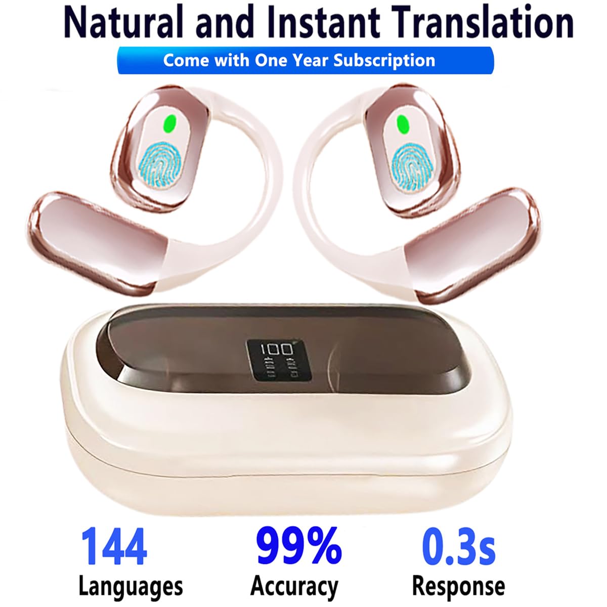 Ai Translator Earbuds Translation Headphones Real-Time 144 Languages with Online Offline Adjustable Ear-Hook,Tender Pink