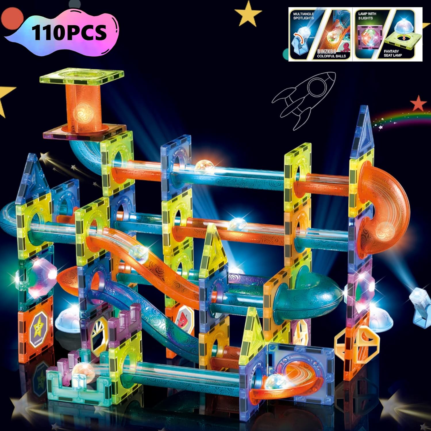 110 PCS Light Magnetic Tiles Building Blocks for Kids,3D Clear Educational STEM Building Toys,Magnetic Marble Run Blocks Toys, Christmas, Holiday Gift