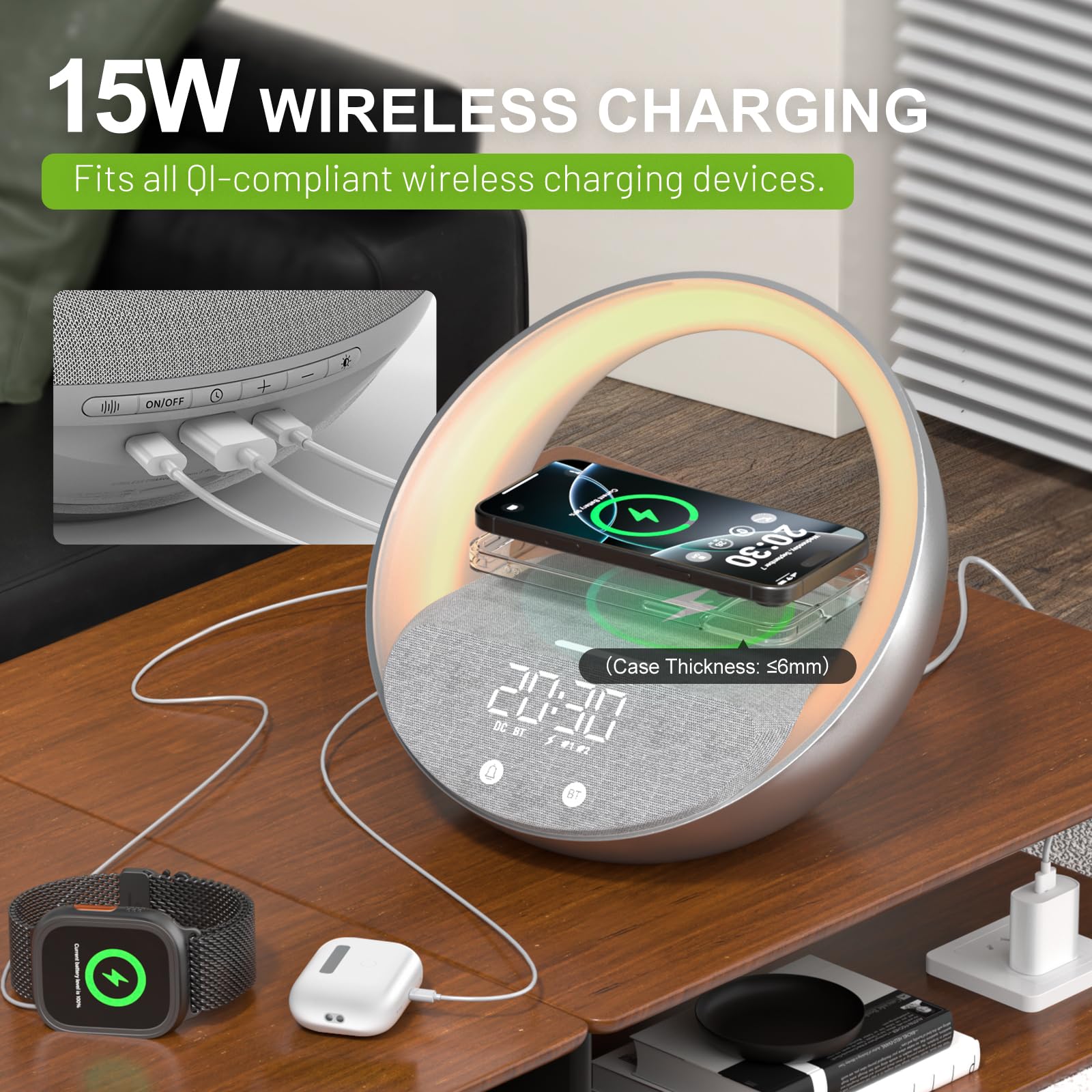 Bluetooth Speaker with Wireless Charger,Sunrise Simulation Wake Up Night Light for Bedroom Adjustable LED RGB Mode(Grey)