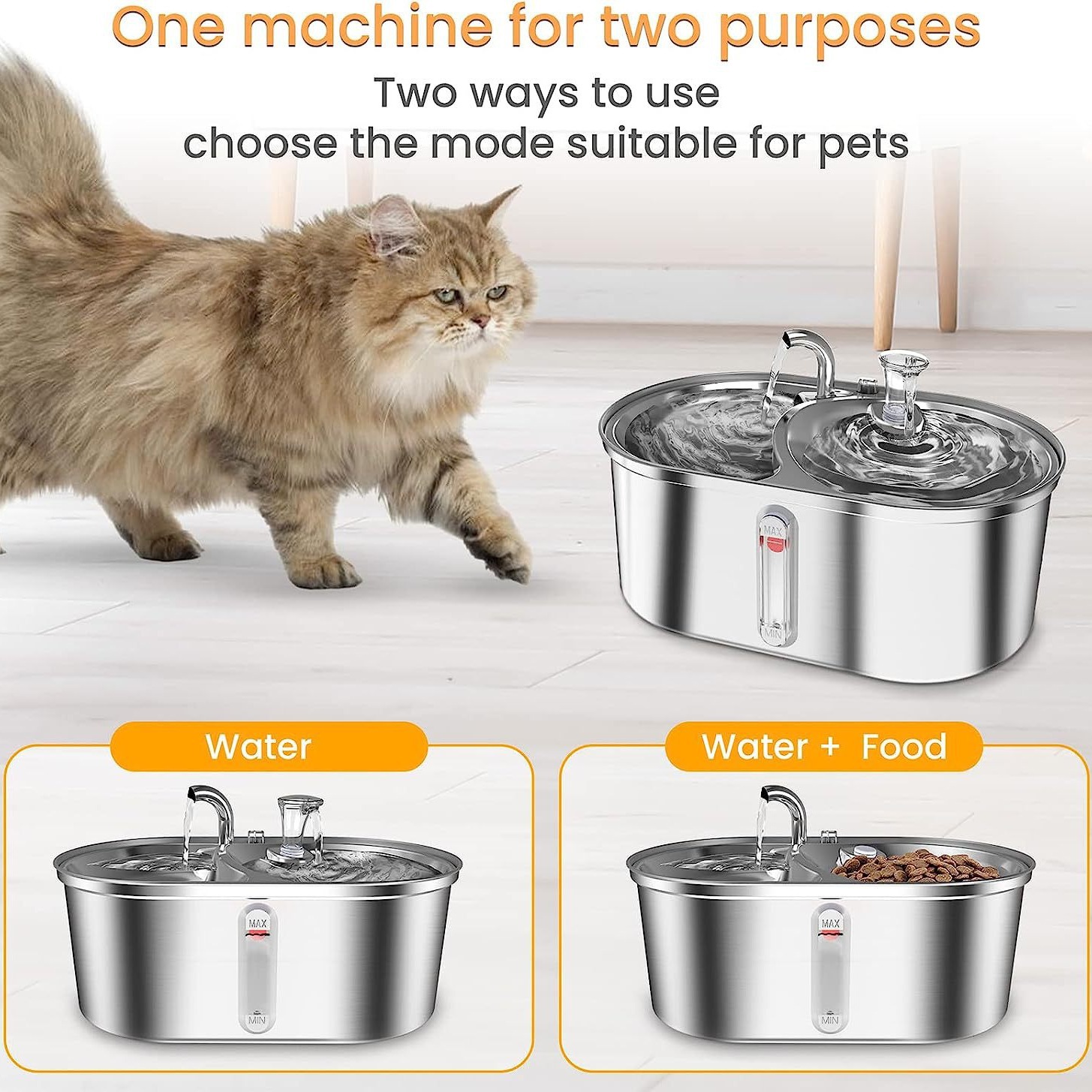 3L Cat Water Fountain,Stainless Steel Pet Water Fountains Dog Dispenser,2-in-1 Ultra-Silent Cat Drinking and Food Fountains Suitable for Pets