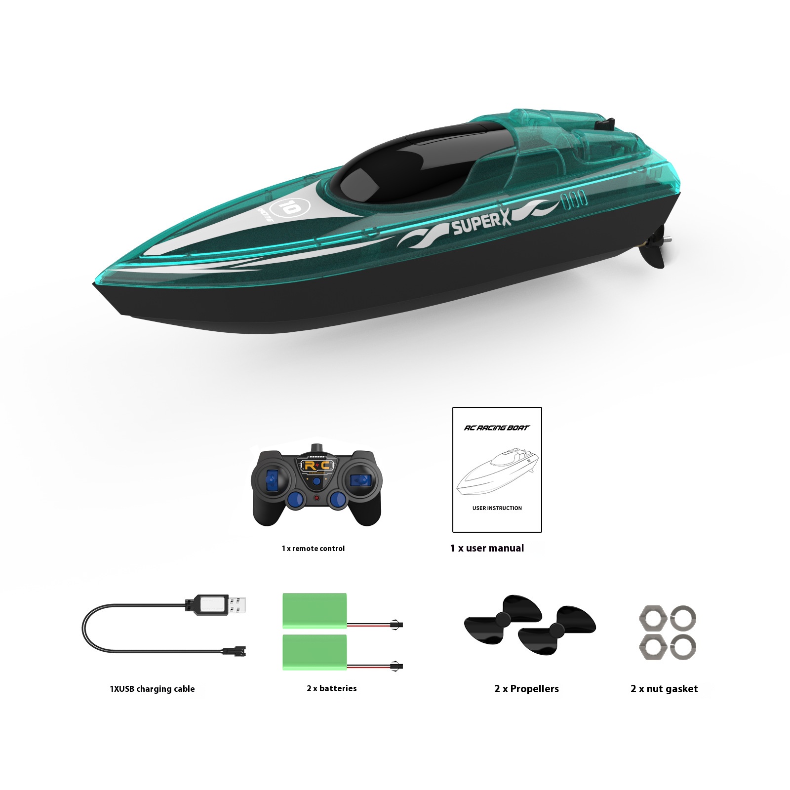 Green Remote Control Speedboat 2.4G High Speed Remote Control Boat Double Battery