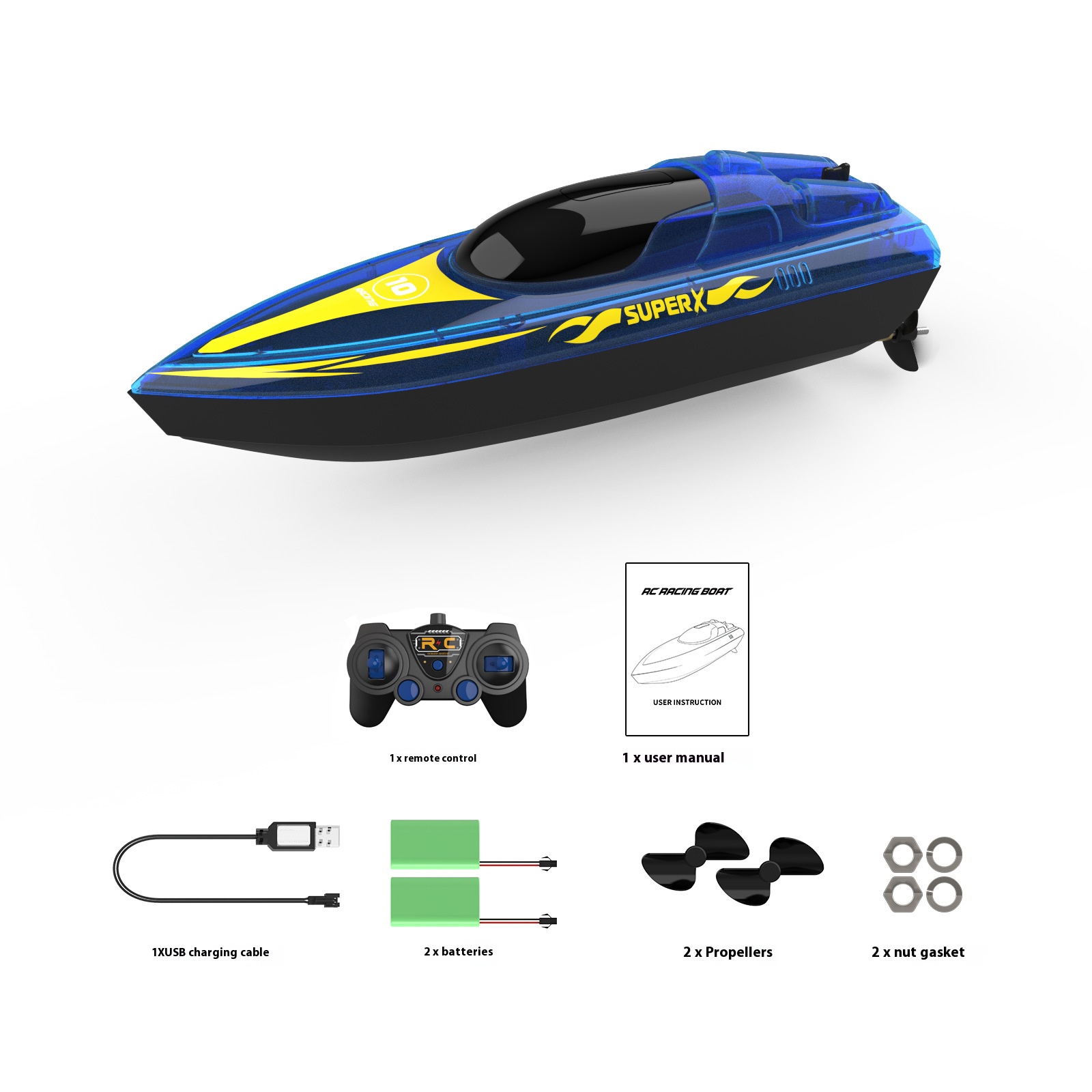 Blue Remote Control Speedboat 2.4G High Speed Remote Control Boat Double Battery