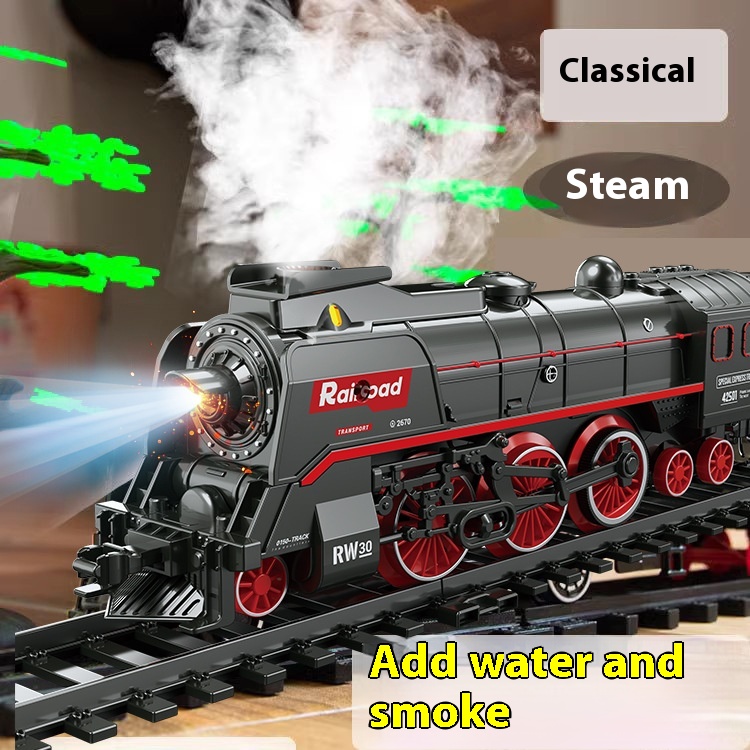 Steam Train Set Electric Metal Alloy Locomotive Glowing Cars Light Sound Rechargeable Under Christmas Tree Birthday Gift Toy