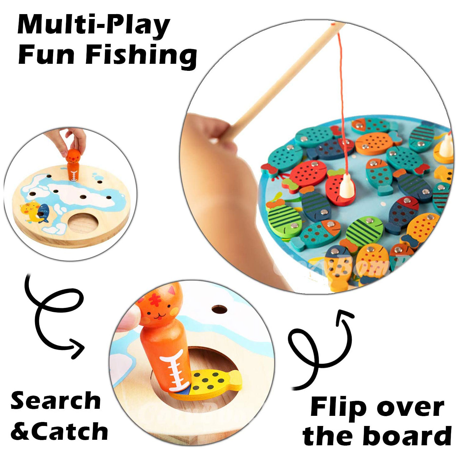 Magnetic Wooden Fishing Game Toy for Toddlers - Alphabet Fish Catching Counting Preschool Board Games Toys for 3 4 5 Year Old Girl Boy Kids Birthday Learning Education Math with Magnet Poles