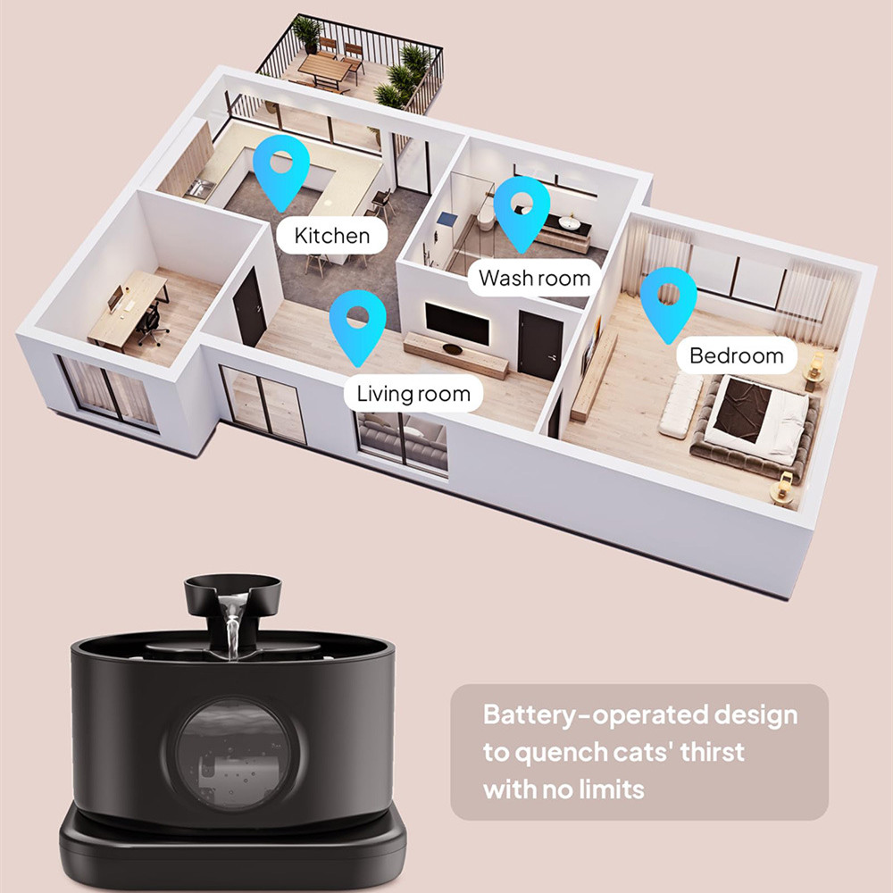 Wireless Automatic Cat Water Fountain 2.8L Rechargeable Battery Operated Pet Dispenser 2 Flow Modes-Black