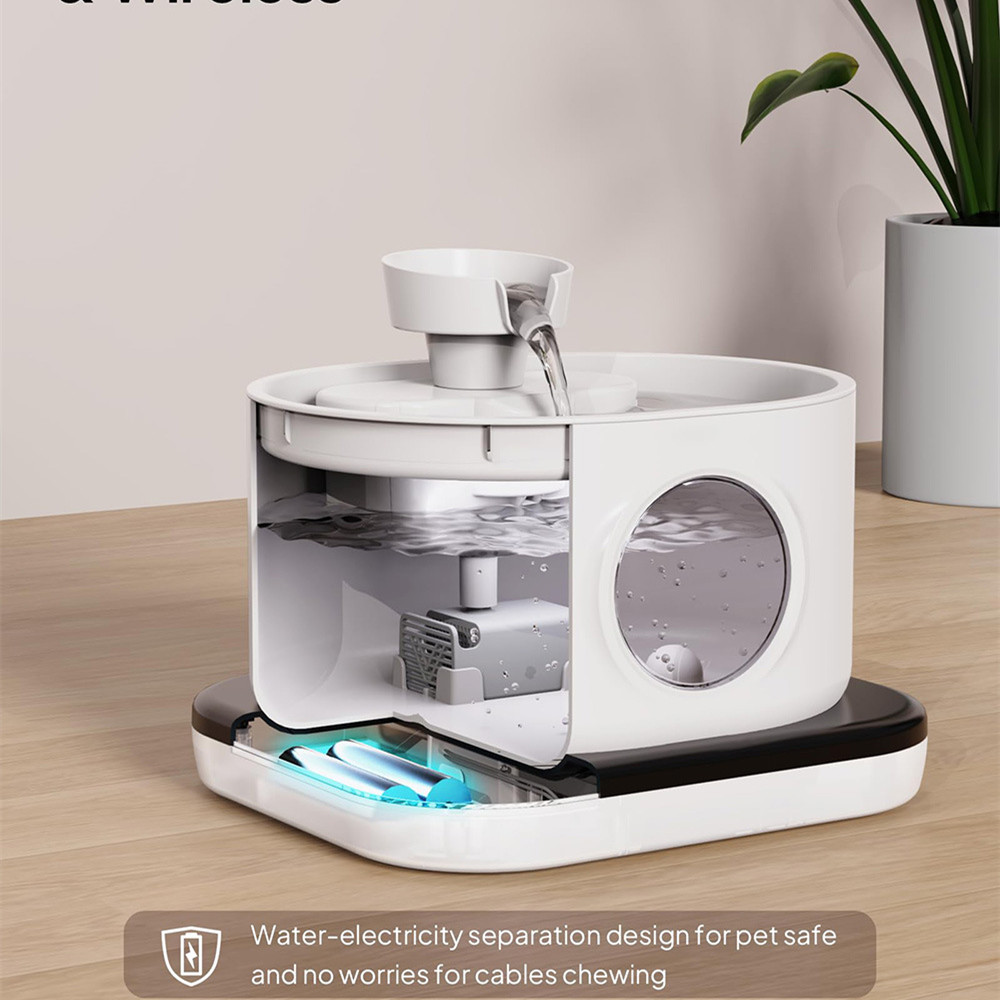 Wireless Automatic Cat Water Fountain 2.8L Rechargeable Battery Operated Pet Dispenser 2 Flow Modes-White