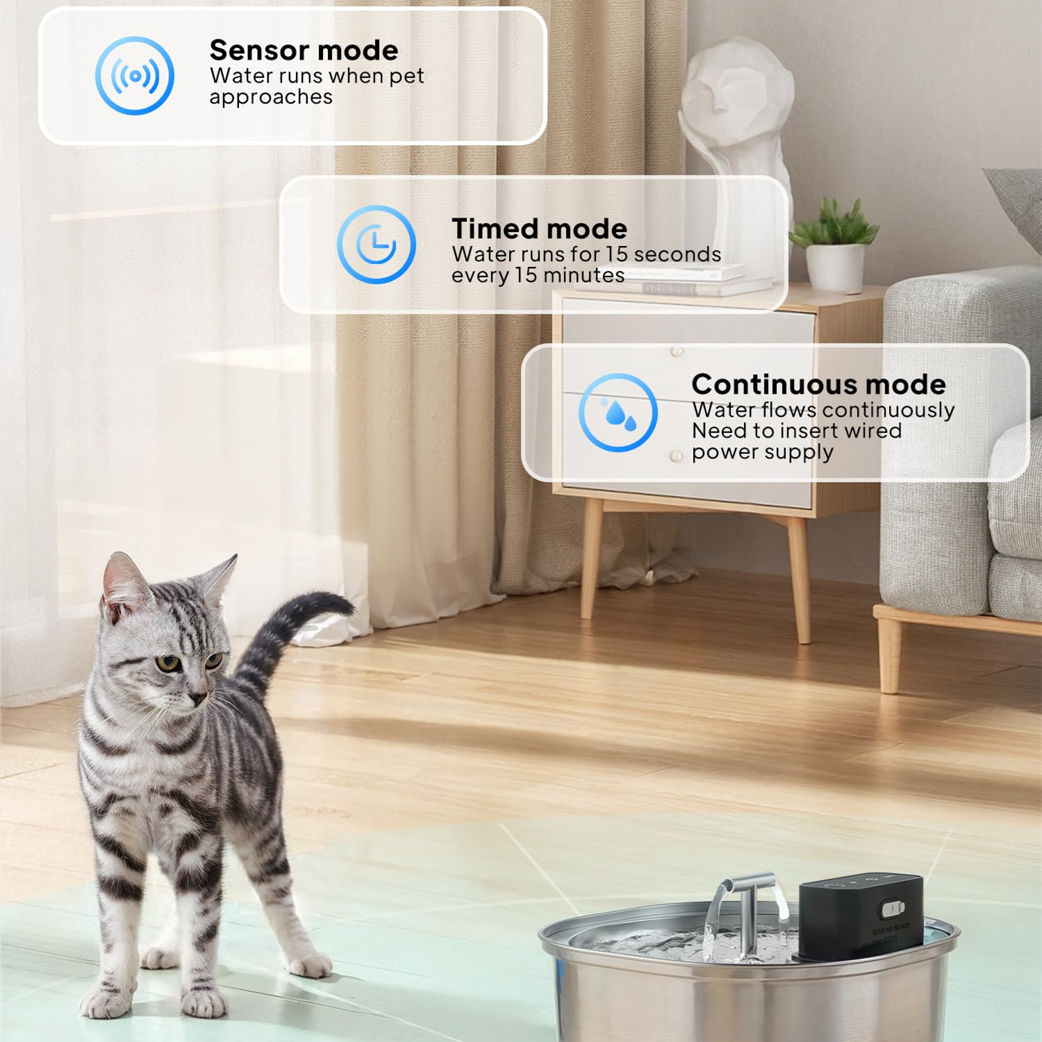 Stainless Steel Pet Wireless  Water Fountain 3.2L 3-Modes Pet Drinking Dispenser Sensoring Fountain with Dual Water Outlet