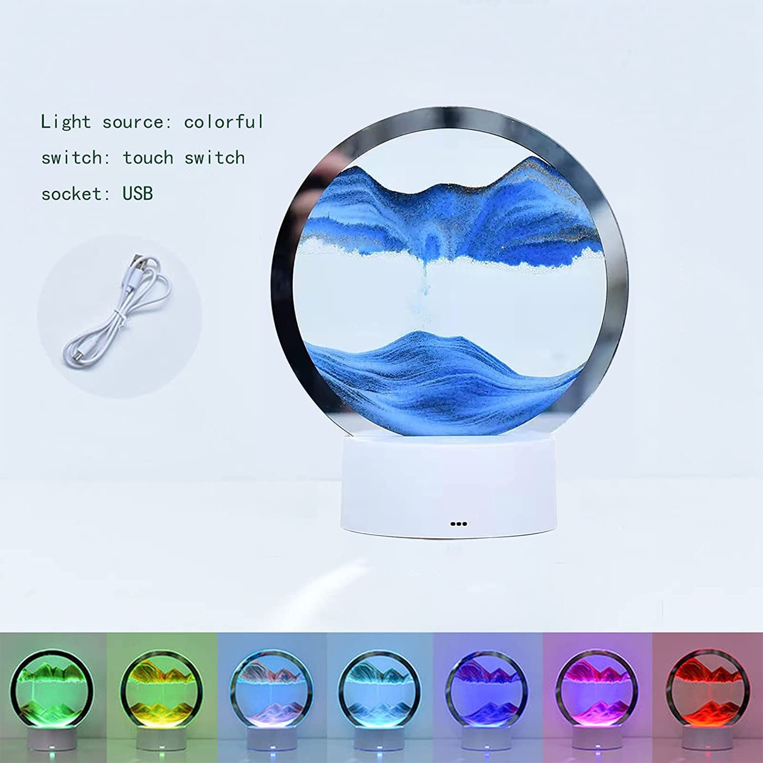 3D Moving Sandscape Art Picture Round Glass Deep Sea Flowing Sand Photo Frame Desktop Decor Blue Childrens Toy  Large Home Office Button Control Display