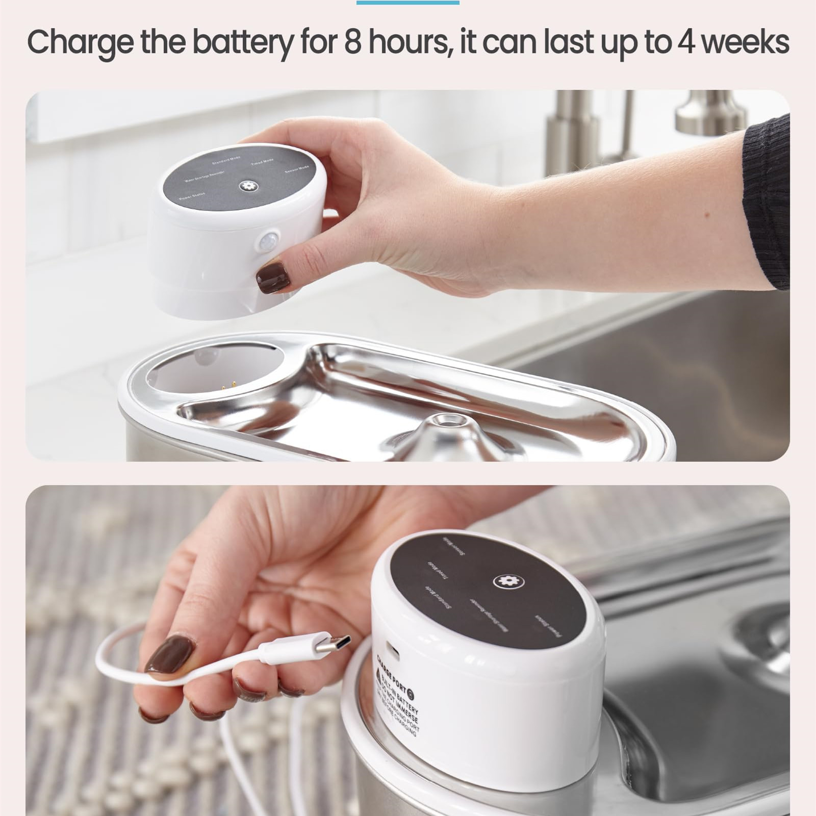 Wireless Cat Water Fountain Stainless Steel Battery Operated 3L Automatic Water Dispenser with 120 Degree Intelligent Sensor for Cats and Dogs