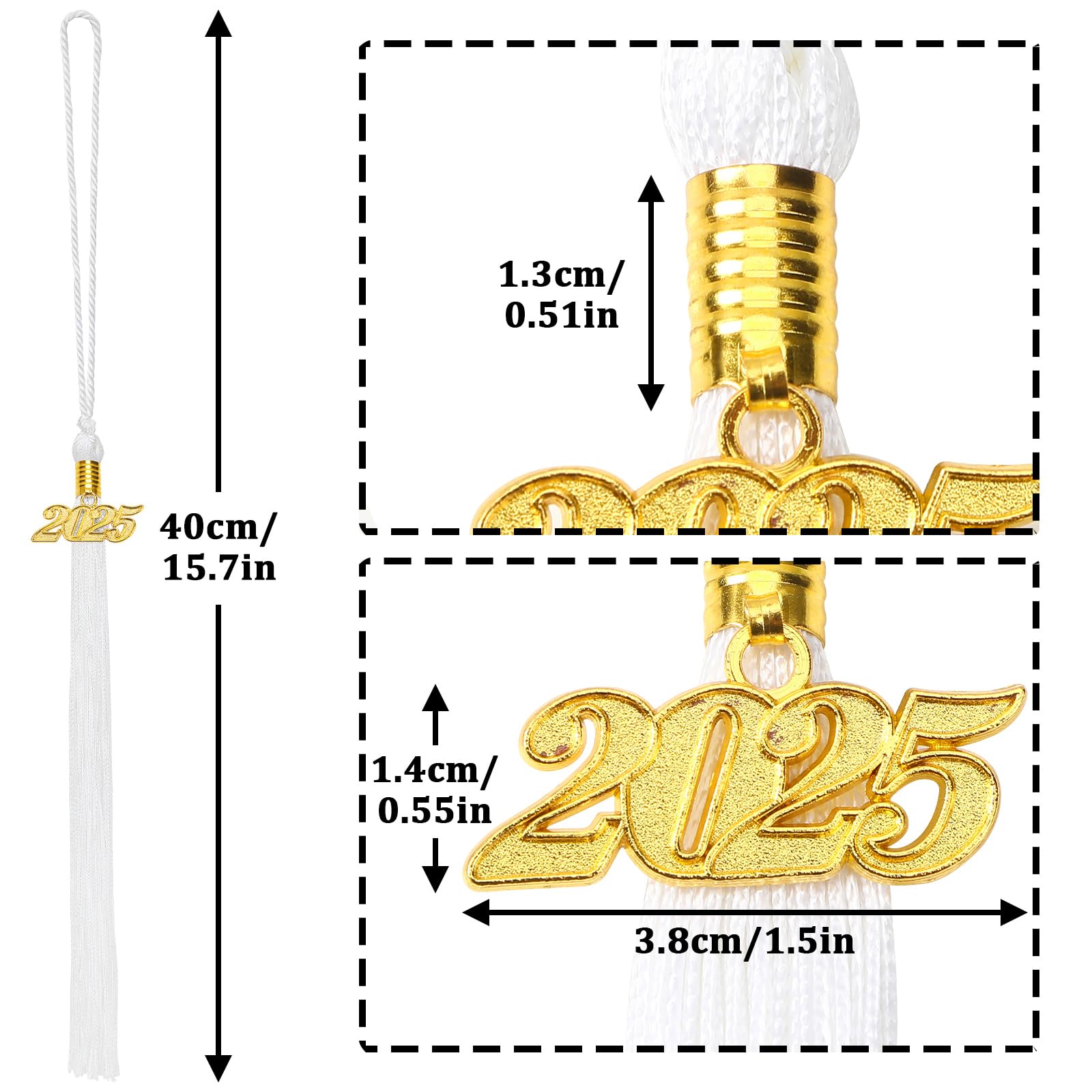 20Pcs Graduation Tassels Academic Graduation Cap Hat Tassel with 2025 Gold Charm for 2025 Graduation Ceremonies Accessories (White)