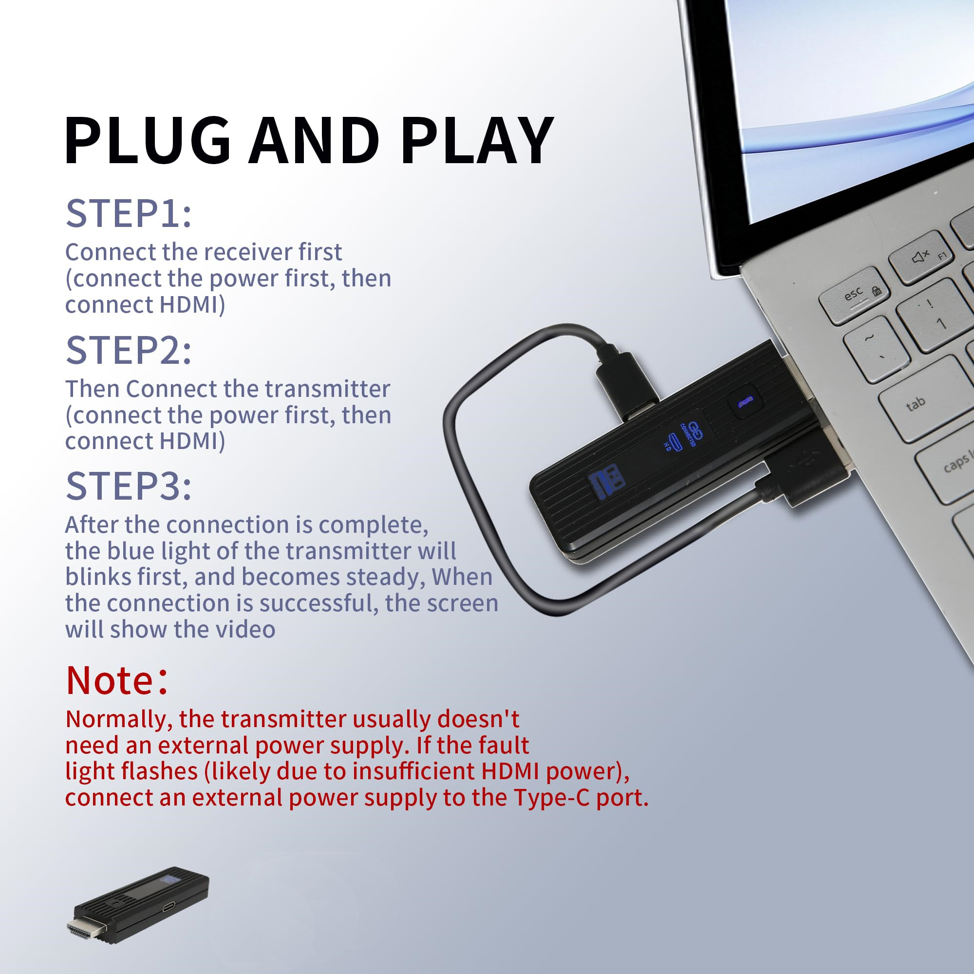 Wireless HDMI Transmitter Receiver/Extender Plug and Play,Transmit PC/Laptop/TV-Box Video to TV/Monitor/Projector for Home,Office,Outdoor