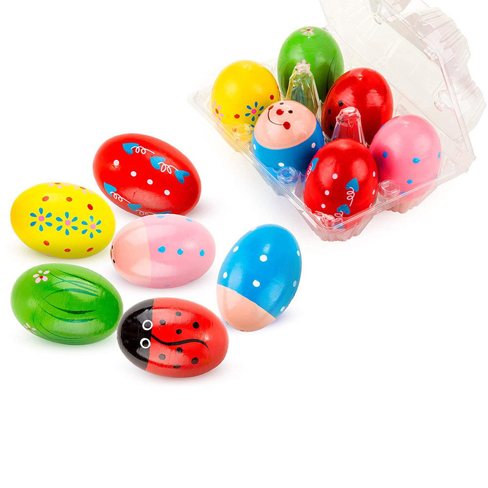 Maracas Eggs for Kids 6 Pack Natural Wooden Musical Toy Percussion Toys for Children Easter Basket Fillers for Kids(Shipped Randomly)
