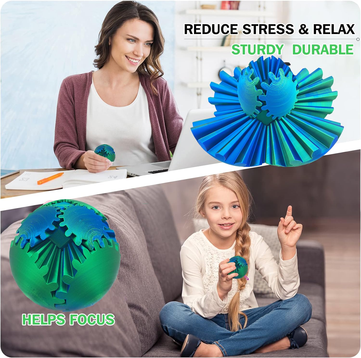 Fidget Toy Gear Ball 3D Printed Spin Stress Relief Desk Anxiety Relaxing Blue Green Fun