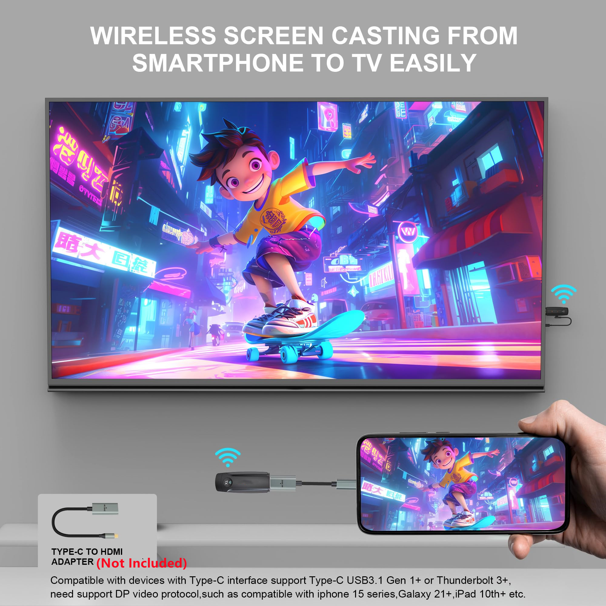 Wireless HDMI Transmitter and Receiver Plug Play with 5G,HD Extender Kit Support USB C Streaming Video Audio to Monitor from Laptop Camera STB,Black