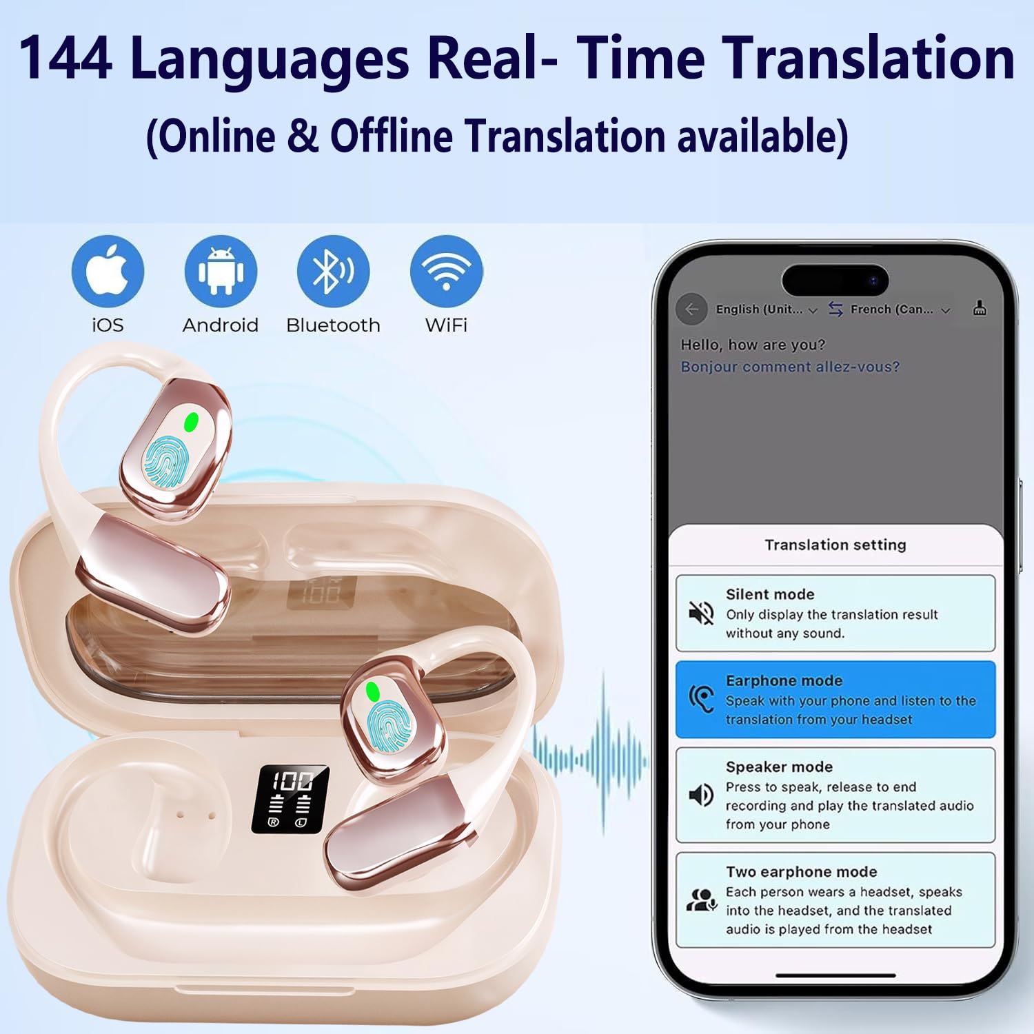 Ai Translator Earbuds Translation Headphones Real-Time 144 Languages with Online Offline Adjustable Ear-Hook,Tender Pink