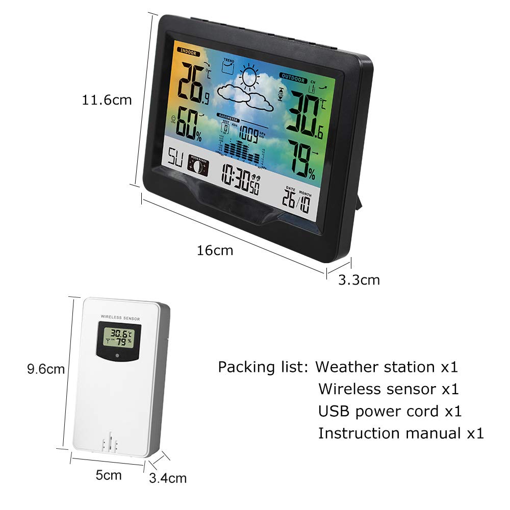 Wireless Weather Station Multifunctional  Weather Station Thermometer with Outdoor Sensor Digital Colour Display DCF Radio Clock  Hygrometer (Black)