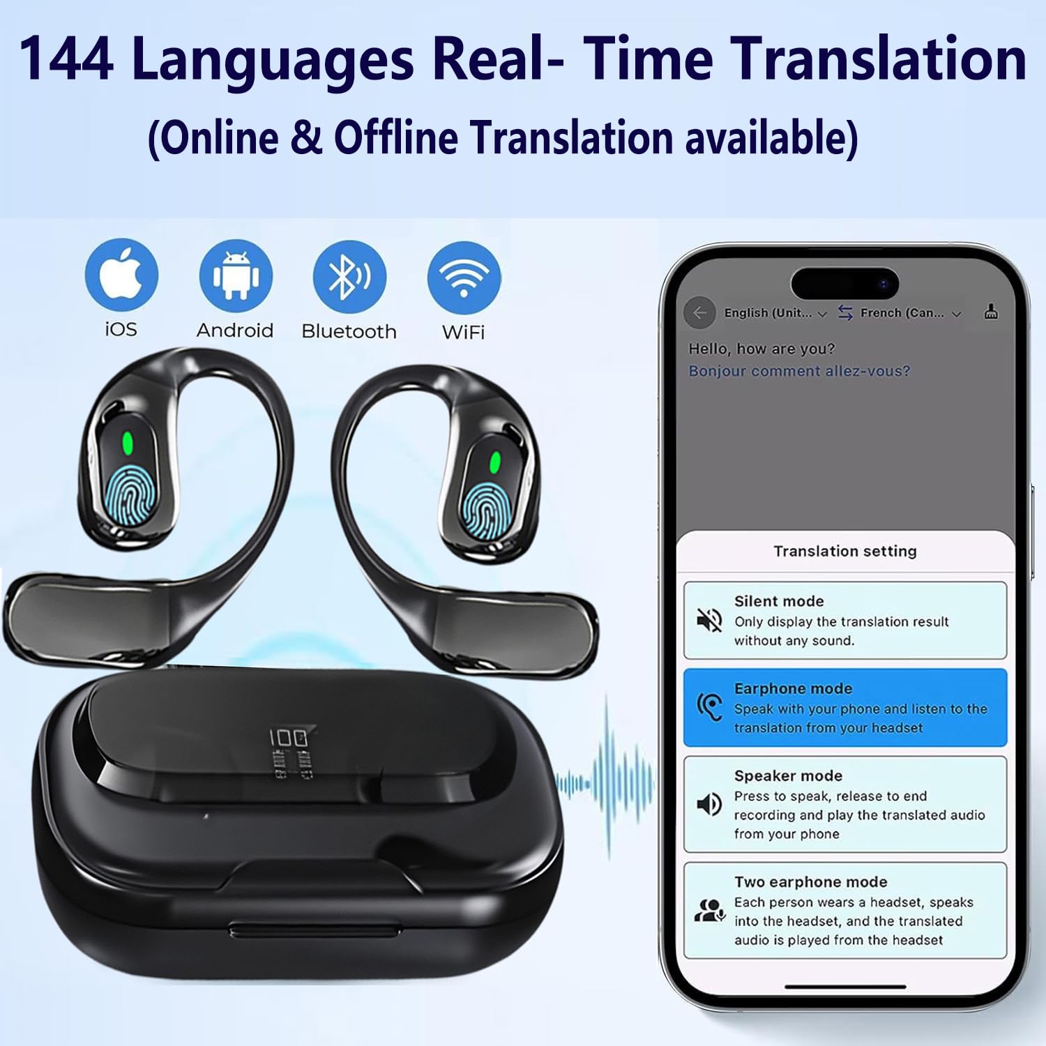 Ai Translator Earbuds Translation Headphones Real-Time 144 Languages with Online Offline Adjustable Ear-Hook,Black
