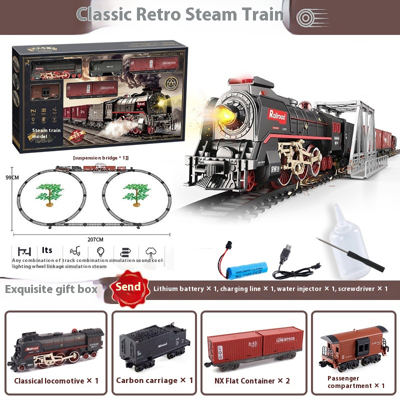 Steam Train Set Electric Metal Alloy Locomotive Glowing Cars Light Sound Rechargeable Under Christmas Tree Birthday Gift Toy