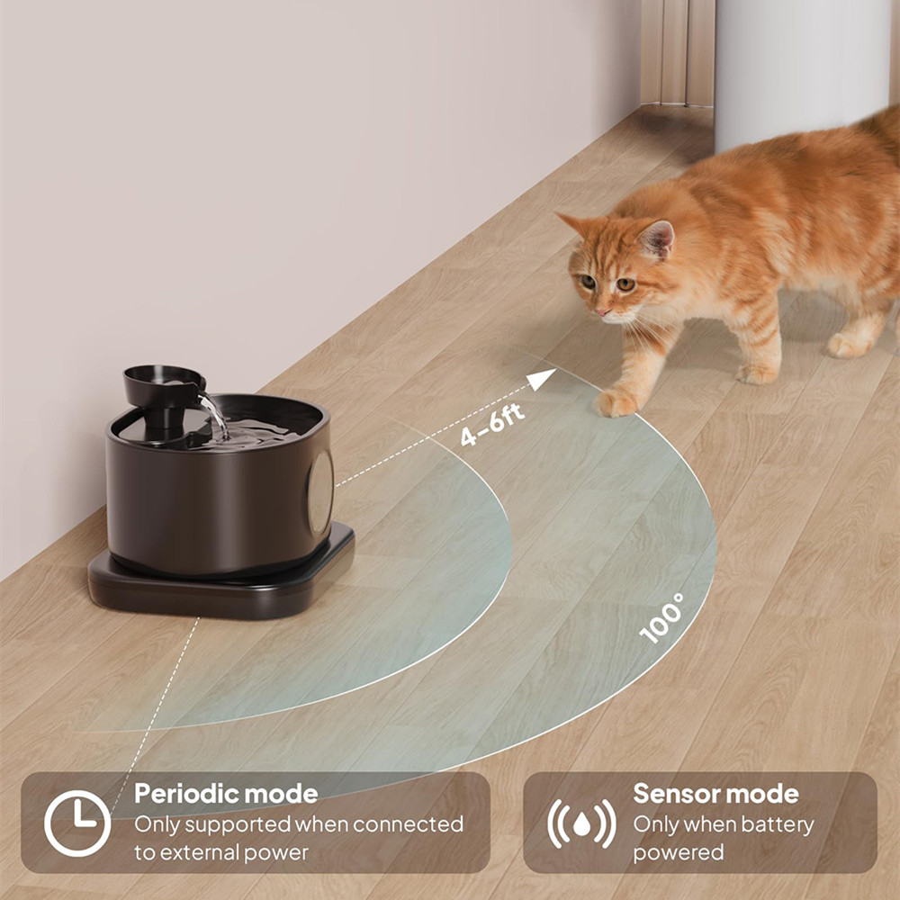 Wireless Automatic Cat Water Fountain 2.8L Rechargeable Battery Operated Pet Dispenser 2 Flow Modes-Black