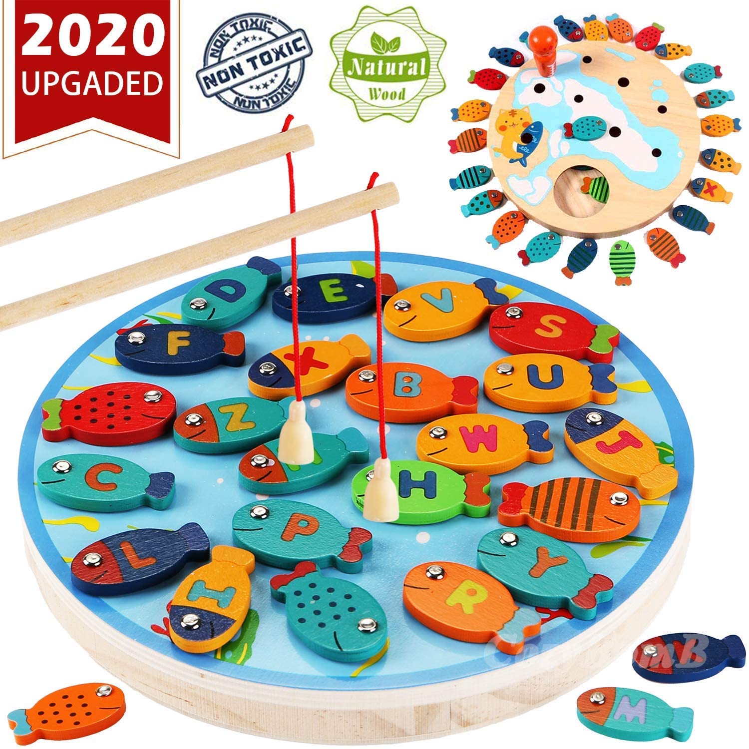 Magnetic Wooden Fishing Game Toy for Toddlers - Alphabet Fish Catching Counting Preschool Board Games Toys for 3 4 5 Year Old Girl Boy Kids Birthday Learning Education Math with Magnet Poles