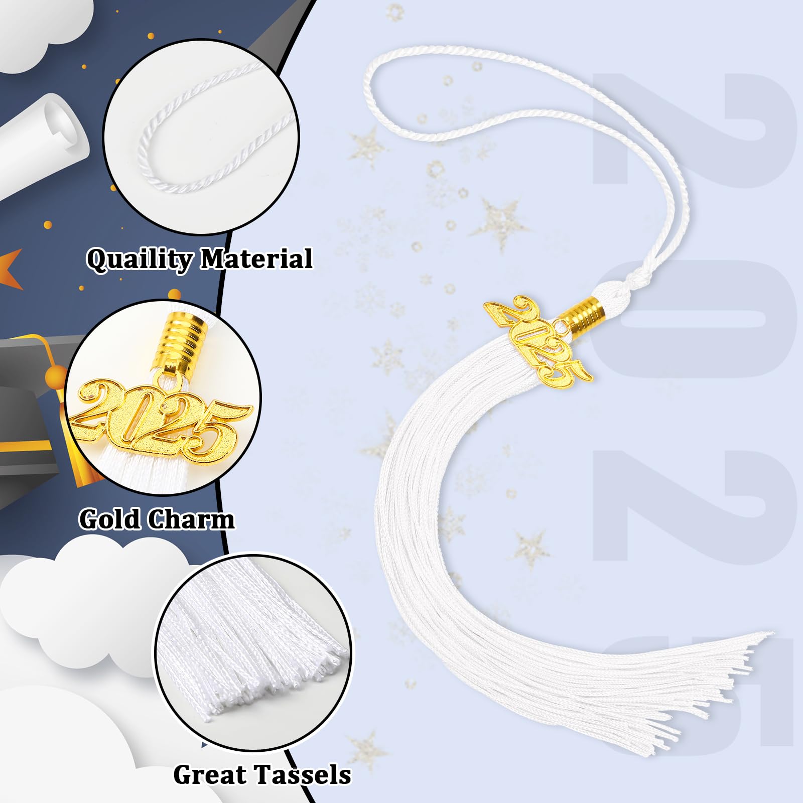 20Pcs Graduation Tassels Academic Graduation Cap Hat Tassel with 2025 Gold Charm for 2025 Graduation Ceremonies Accessories (White)