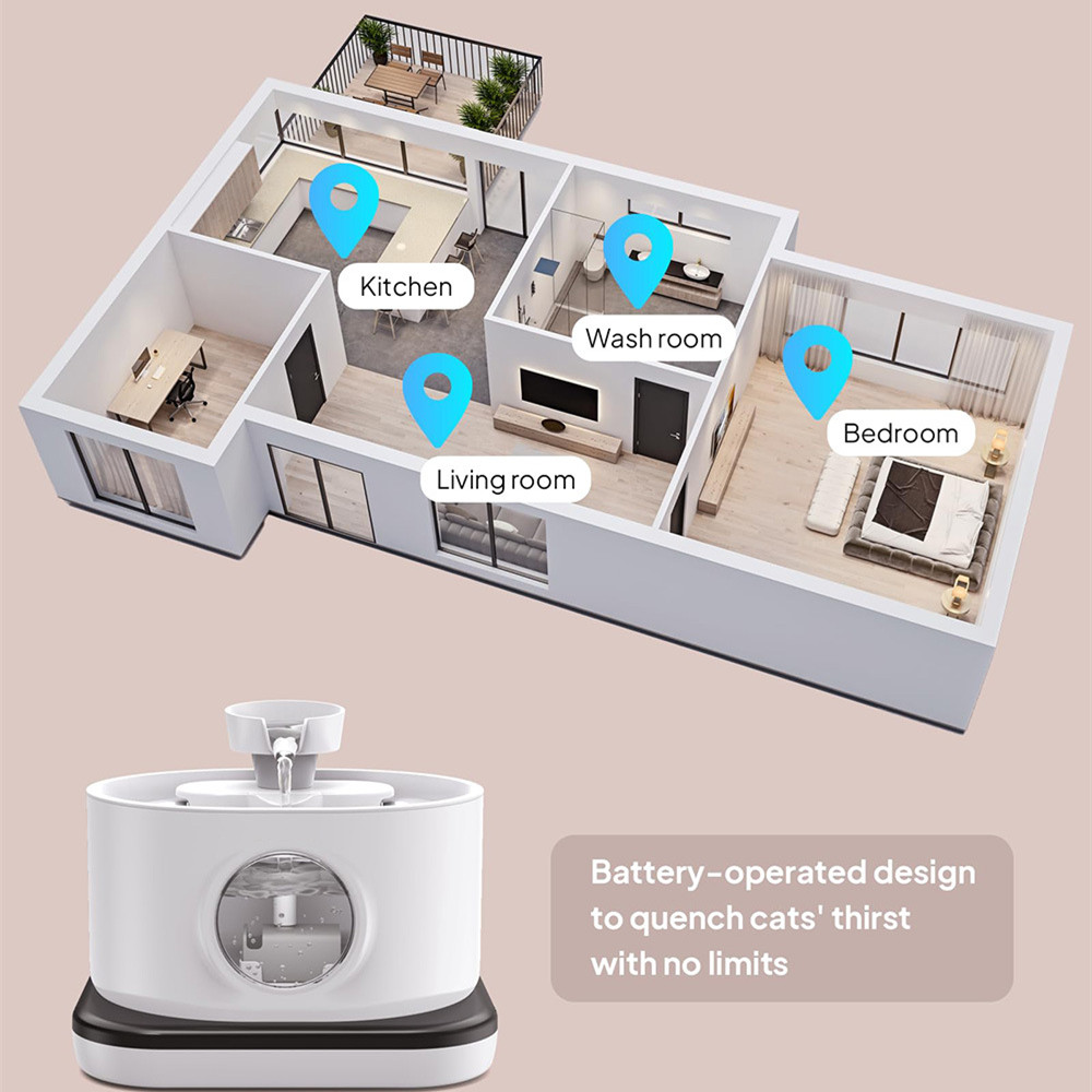 Wireless Automatic Cat Water Fountain 2.8L Rechargeable Battery Operated Pet Dispenser 2 Flow Modes-White