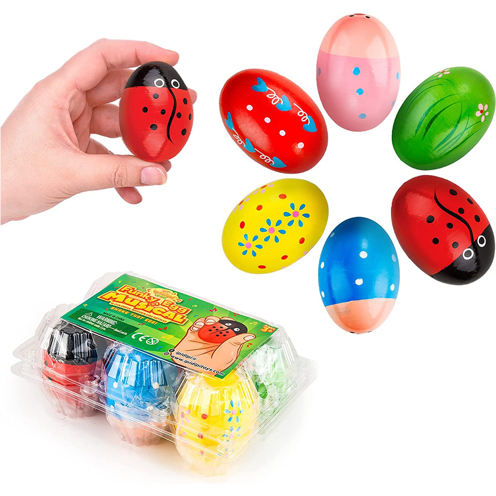 Maracas Eggs for Kids 6 Pack Natural Wooden Musical Toy Percussion Toys for Children Easter Basket Fillers for Kids(Shipped Randomly)