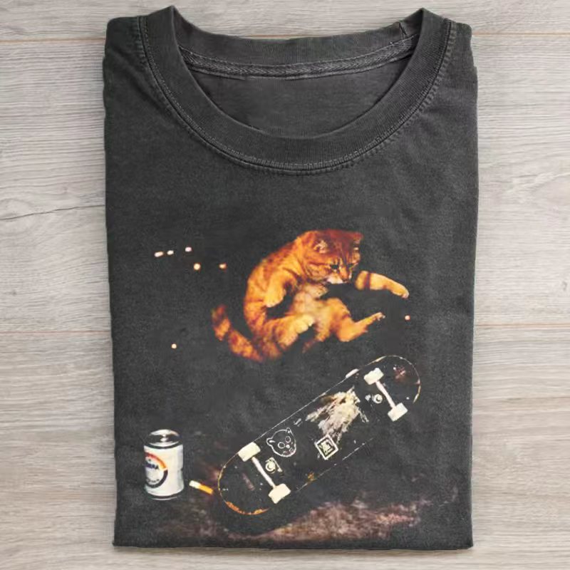 Funny Skateboarding Cat Graphic T-shirt
