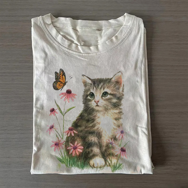 Cute Cat & Butterfly Floral Graphic T-shirt