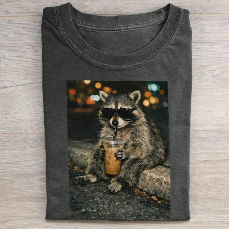 Funny Raccoon Drinking Iced Coffee T-shirt