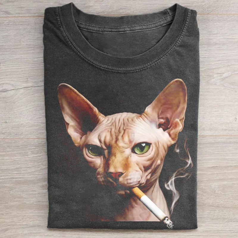 Funny Sphynx Cat Smoking Washed T-shirt